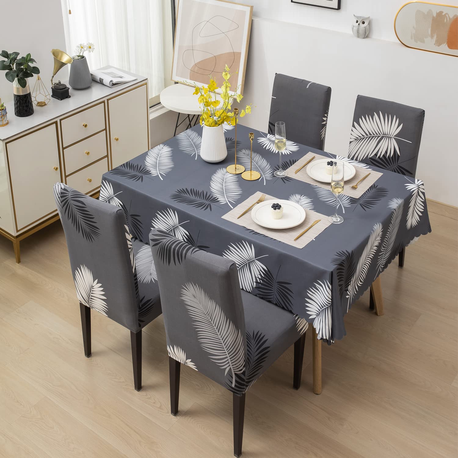 House of Quirk Polyvinyl Chloride Dining Chair Cover with Table Covers for Kitchen Waterproof Dining Table Cloth (Dark Grey Fern, 1 Table Cover + 6 Chair Cover, Rectangular)