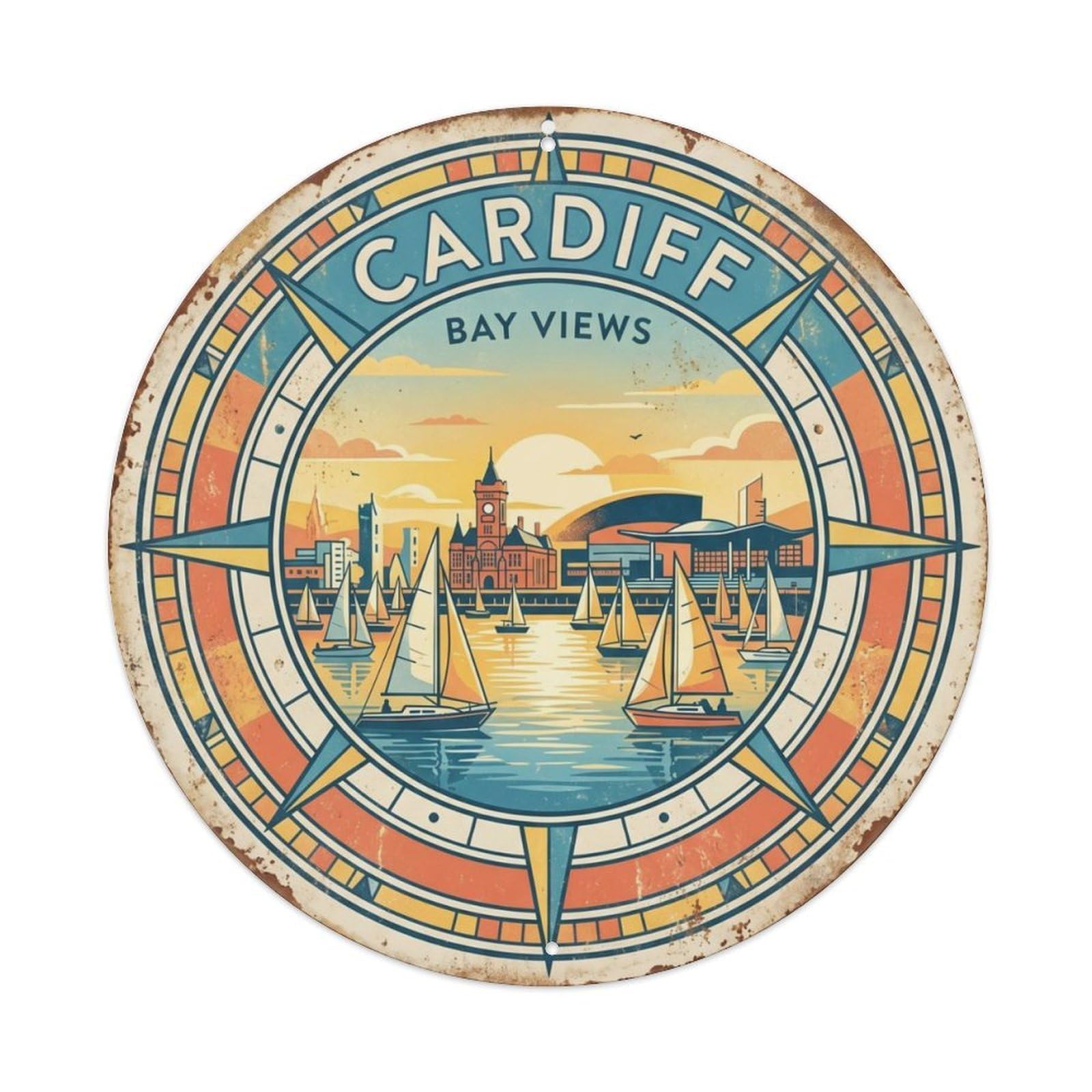 Vintage Travel Cardiff Bay Wales Metal Tin Sign Plaque Wall Decor for Cafe, Club, Garden Round Metal Poster 8x8Inch