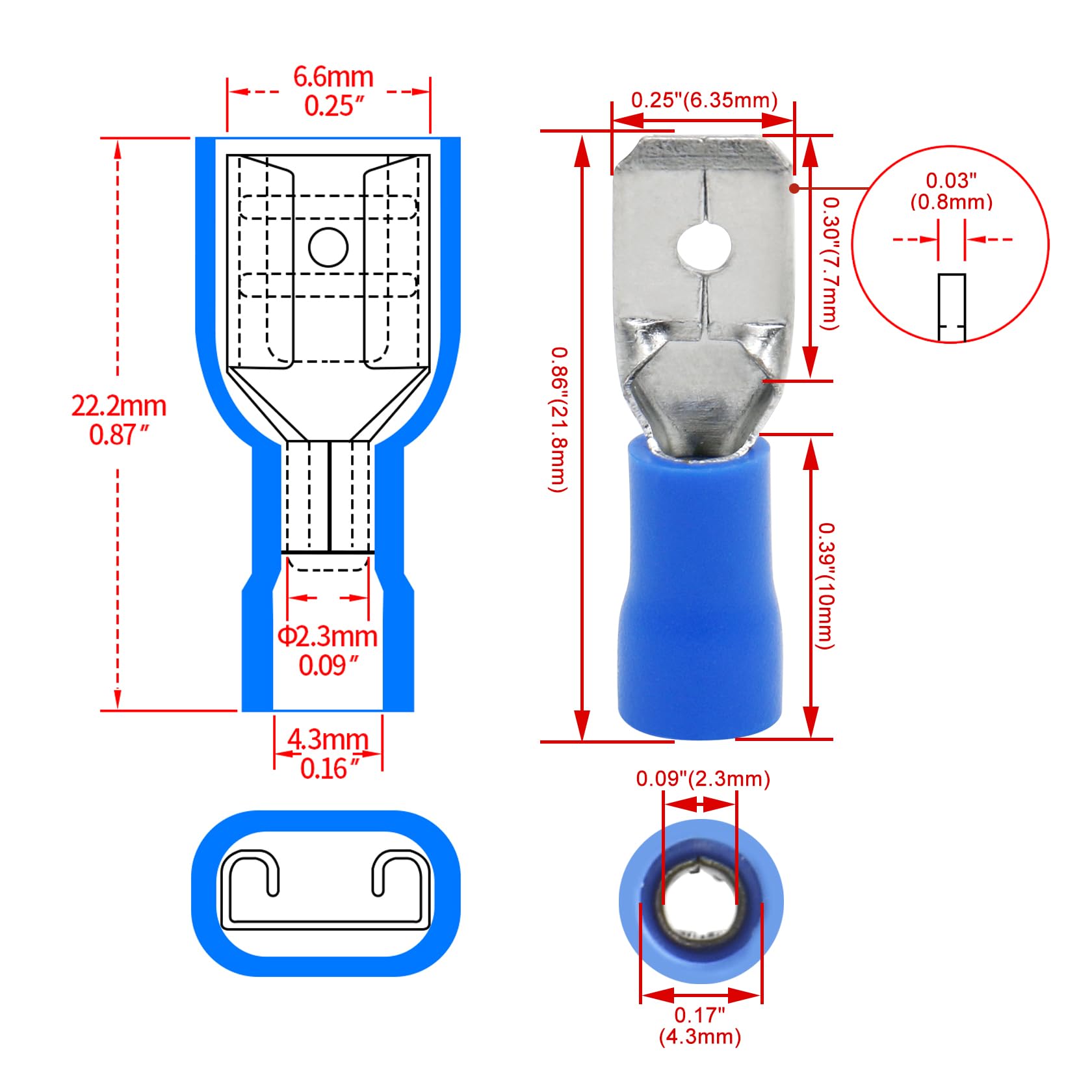 Heschen męski / żeński szybki odłączany winyl w pełni izolowany 6,3 x 0,8 mm zacisk kablowy do 1,5-2,5 mm² (16-14 AWG) niebieski 100 szt.