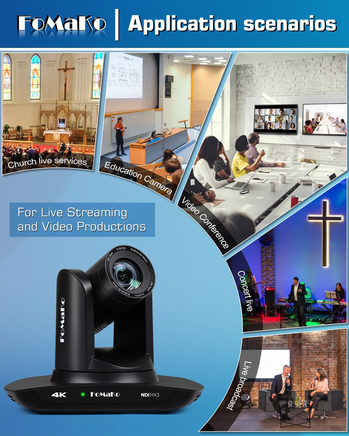 FoMaKo K20UH 4K HDMI PTZ Camera with AI Auto-Tracking(Gen 3), NDI HX3 Certified, 20X Optical Zoom, USB 3.0/LAN, PTZ Camera 4K for Church, Worship, Education, Conferences,(NDI License Included), Black