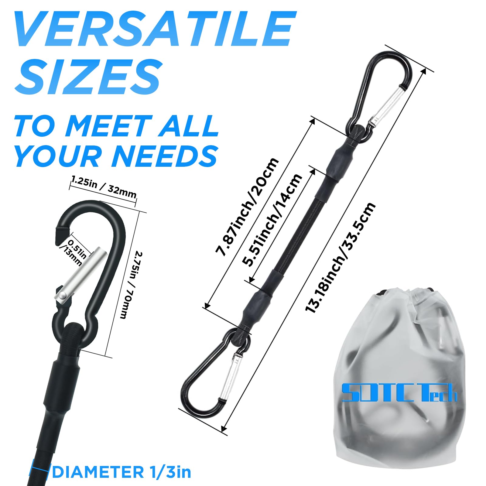 SDTC Tech Mini Short Bungee Cords with Carabiner Hooks Heavy Duty