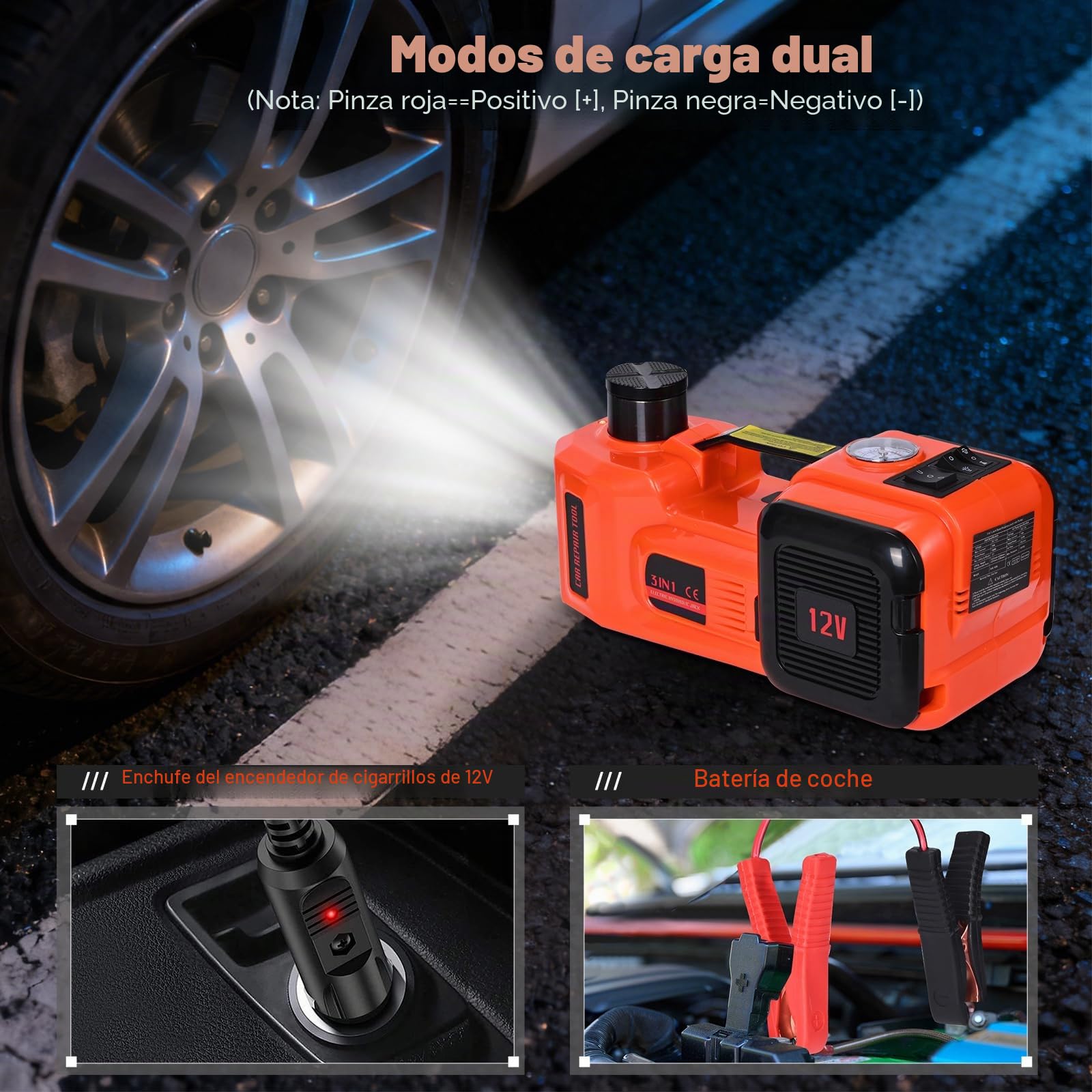 Gato hidráulico eléctrico 5T, gato hidráulico con llave de impacto eléctrico, rango de elevación 15-53 cm, cargador con bomba inflable y luz LED para coche, SUV, sedán, MPV