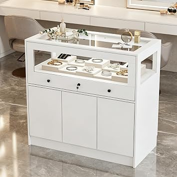 FUFU&GAGA Jewelry Display Island with Glass Top & Lockable Drawer, Walk in Closet Island with 3 Door & Display Shelf, Showcase for Dressing Room Retail Store Shop, White, 39.4W x 19.7D x 39.4H