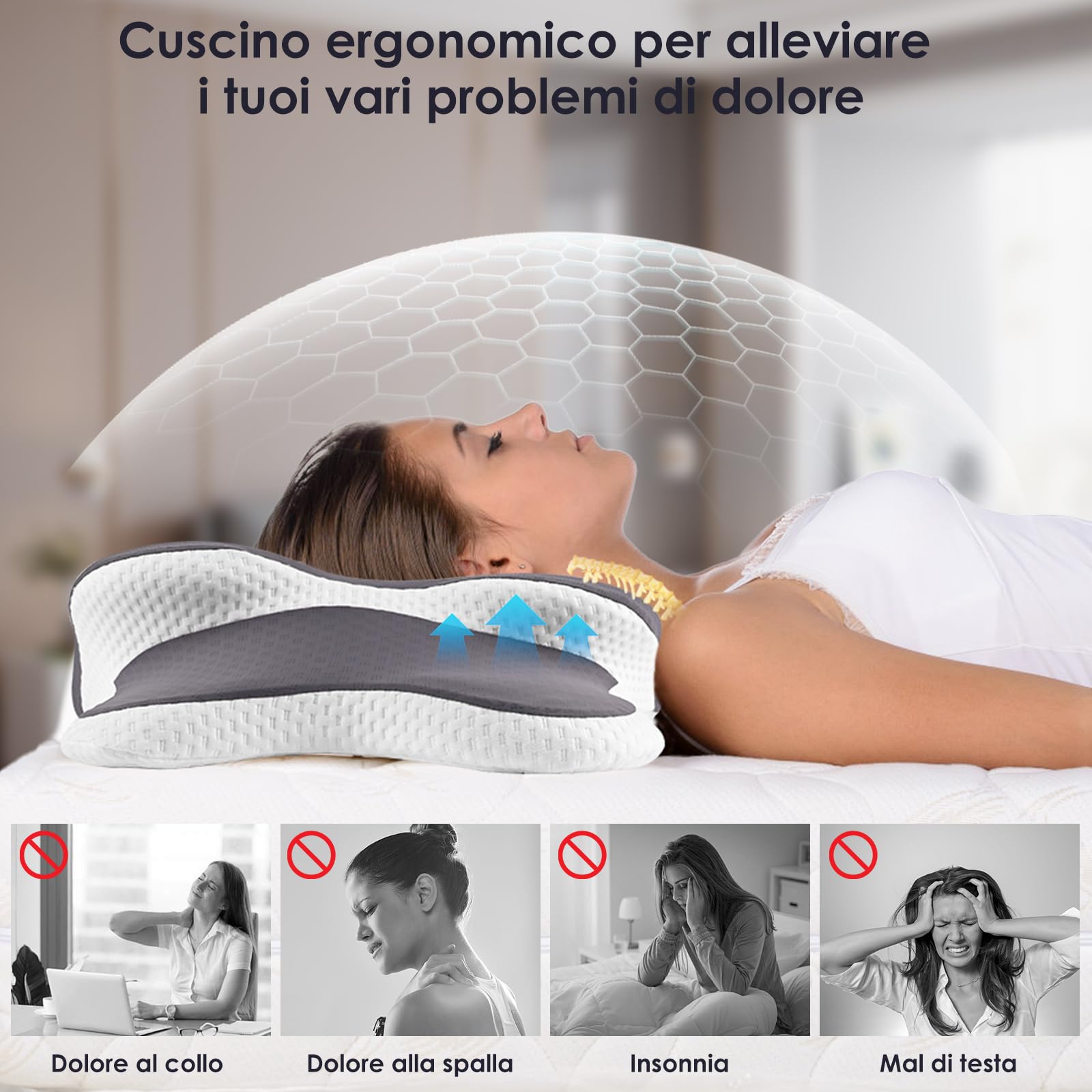 Cuscino Cervicale per Dormire Grande, 2 in 1 Cuscino in Memory Foam per Dolore alla Spalla, Cuscino Ortopedico per chi dorme sul Fianco, Sulla Schiena e Sullo Stomaco-65 x 40 cm x 14/11 cm