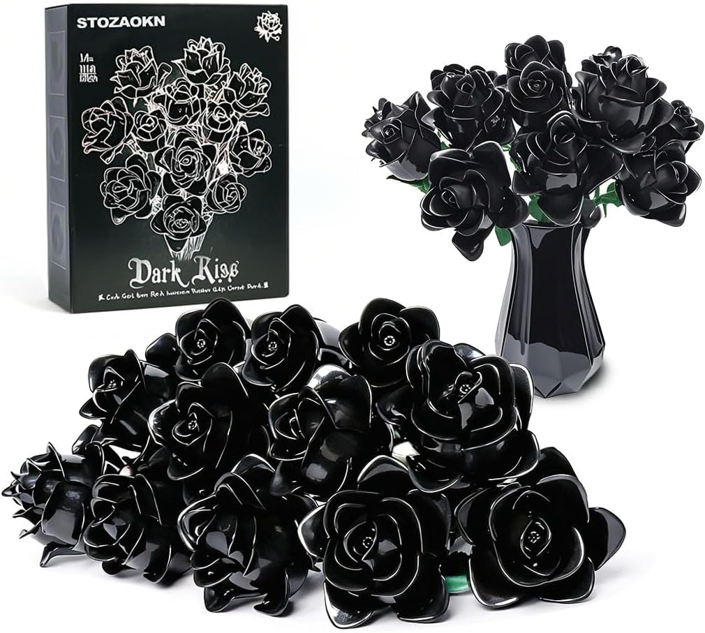 Black Roses Compatible with Lego Roses Bouquet, Valentines Day Gifts for Her Women,Girlfriend, Wife, or Couples, Gothic Decor Legi Flowers（No Vase）