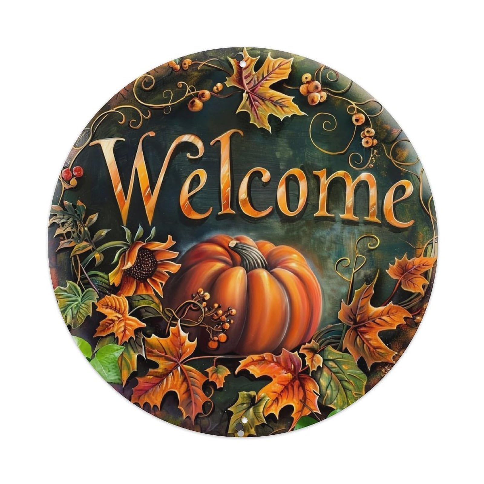 Welcome Autumn Pumpkin Leaves Sunflower Round Metal Tin Sign Vintage Wall Decor, Bar Garage Cafe Kitchen Home Wall Art Poster 8x8inches