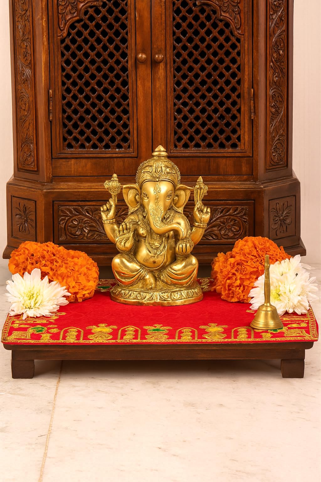 Achleshwar Designer Velvet Embroidered Pooja Aasan Cloth 20X30 inch RED | Chowki Aasan for God Idol | Mandir Table Altar Cover for Temple, Puja Shelf, Diwali Decoration Pack 0f 1 3