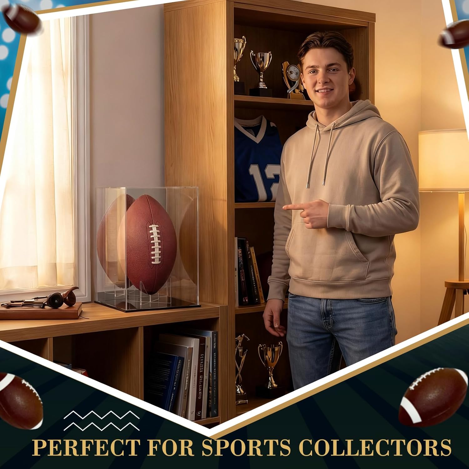 15 x 9 x 8 Inches Clear Acrylic Football Display Case for Full Size Ball Mirror Field Base Display Box Shelf for Signed Football Helmet or Figures with UV Protection Clear Dustproof Showcase