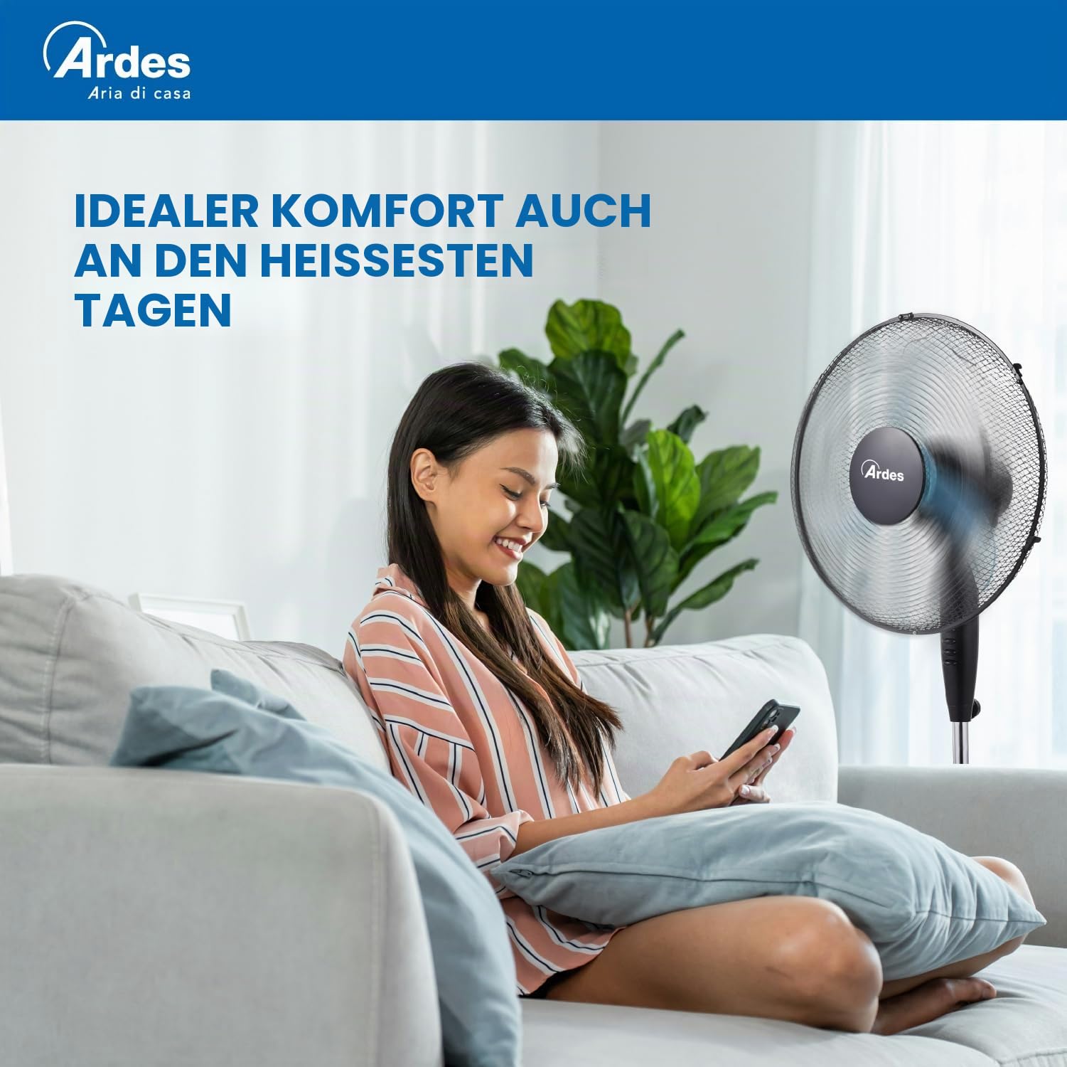 ARDES - Standventilator, leistungsstark, leise, 3 Flügel, 40 cm, oszillierend, mit verstellbarer Höhe und Neigung, Ardes-Standventilator, 3 Geschwindigkeitsstufen, Modell Penny AR5AM40P