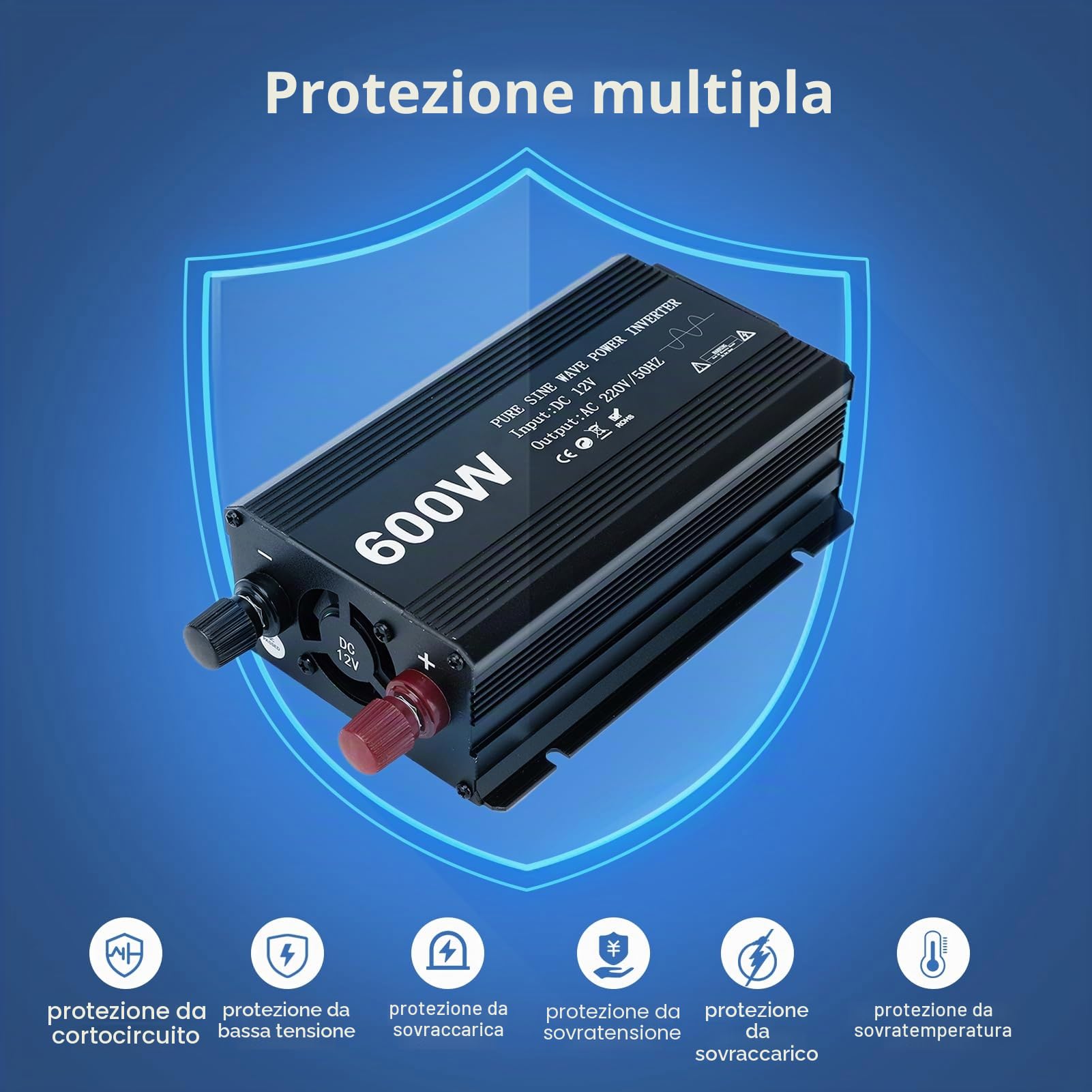 Inverter 12v 220v Onda Pura, 600W Convertitore di Tensione Onda