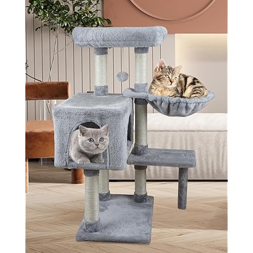 KIYUMI Cat Tree Multi-Level Pet Activity Center Cat Tower Condo with Sisal Scratching Post for Indoor Cats Cat Tree Cat Furniture with Hammock Perch and Kitten Ball Toys 08G