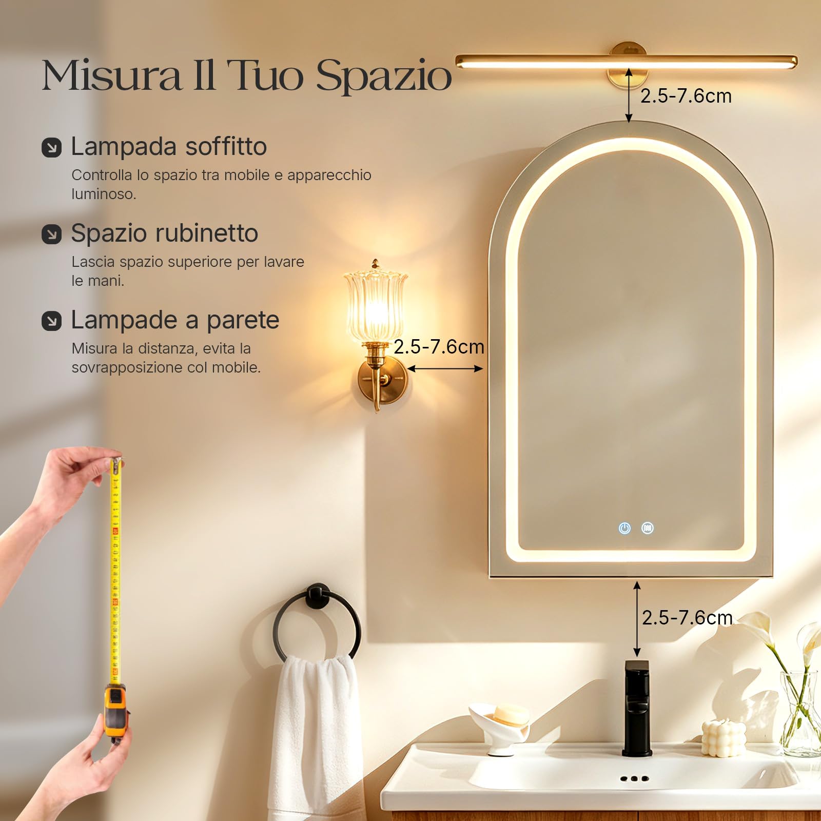 LEMROE Specchio Bagno Contenitore,Specchio curvo, con presa, luce a LED