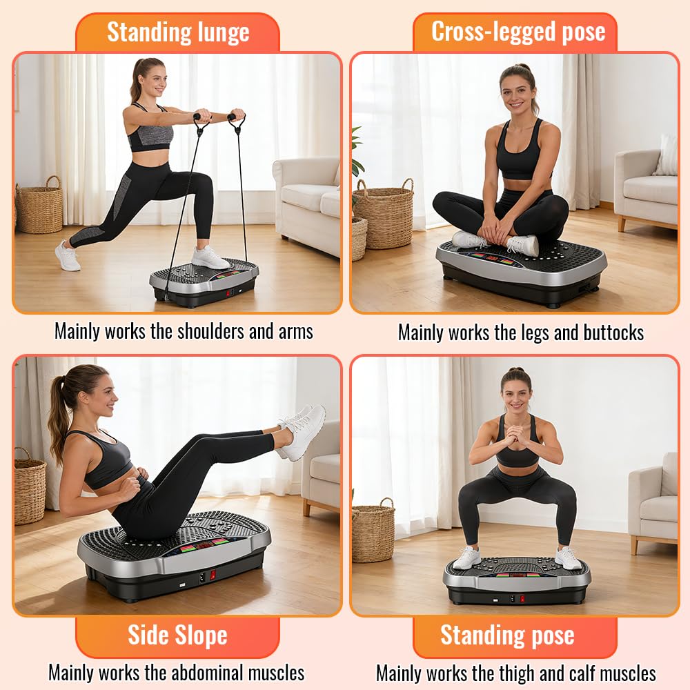Vibrationsplatte, Rüttelplatte Sport für Zuhause, Vibrationsboard mit 150kg Belastbarkeit, 99 Stufen, Kompaktes Design mit Leisem Motor, Trainingsbänder, Vibrationsplatte für Frauen und Männer