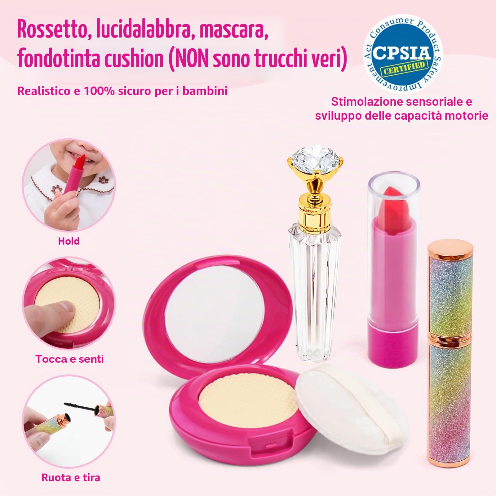 Borsetta per Bambina con Accessori Giocattolo, Trucchi Bambina, Telefono Giocattolo con Luce e Suono Portafoglio Carta di Credito Bottiglia d'acqua, Regali di Compleanno di Natale per Ragazze 3+ Anni