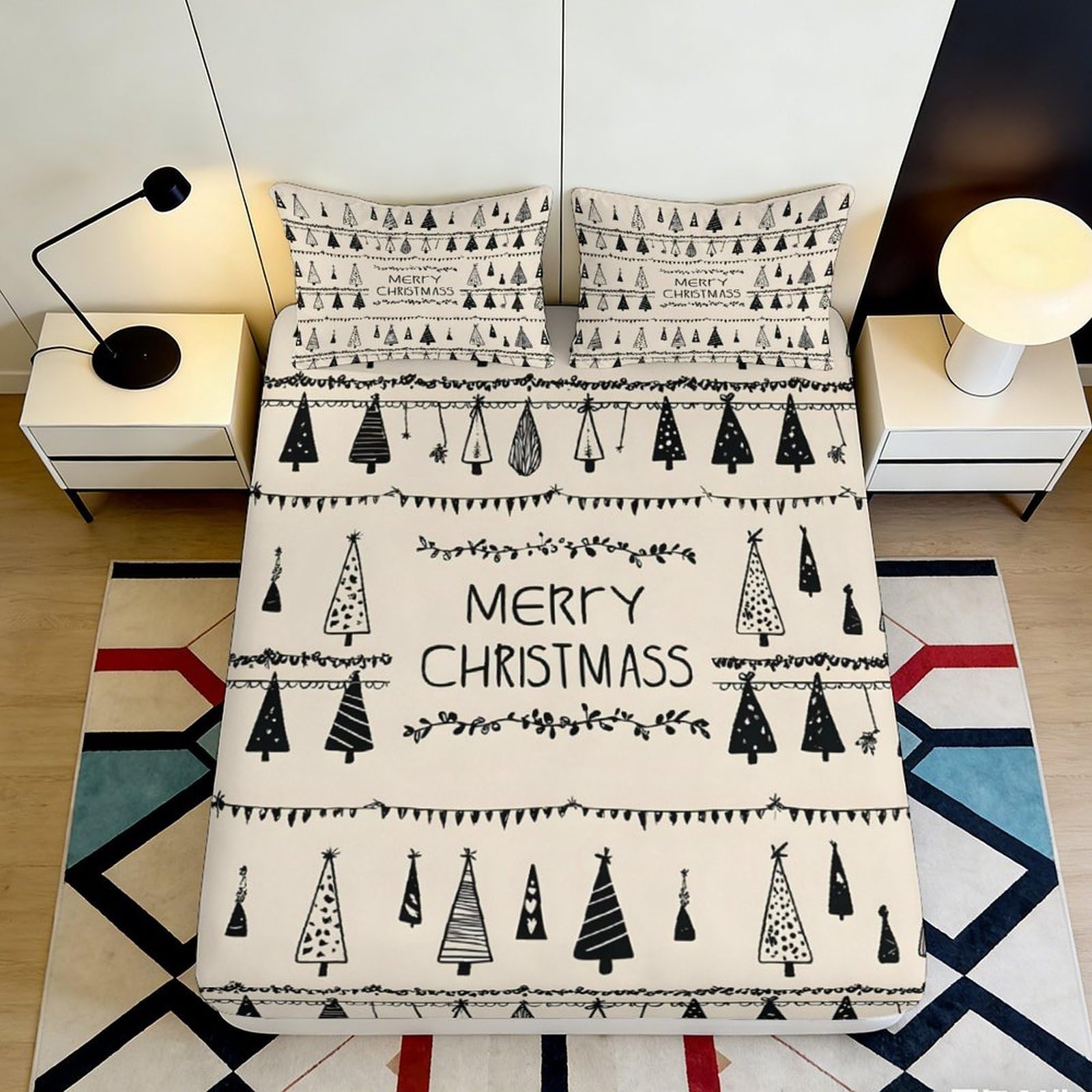 3D Printed Christmas Tree Fitted Sheet Microfiber Deep Pocket Xmas Tree Mattress Fitted Cover Elastic Non-Slip Bedding 90x200x25cm
