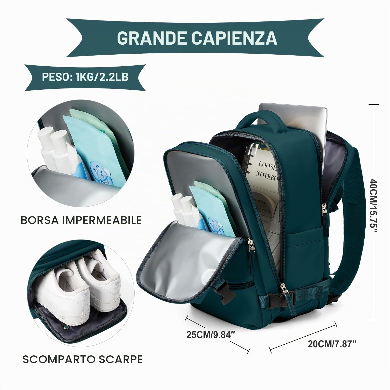 SZLX Zaino Ryanair 40x20x25 Donna Zaino da Viaggio Bagaglio a Mano 20L Uomo Borse da cabina Easyjet Travel Backpack Adatto a laptop da 14 Pollici con scomparto per scarpe per Lavoro e Scuola