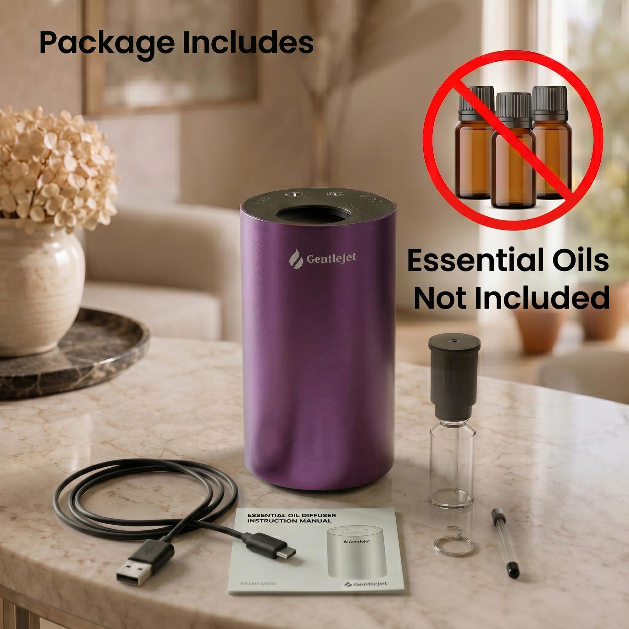 GentleJet LiteMist - Difusor de aroma recargable sin agua para dormitorio, oficina y automóvil, niebla de aceite esencial de aire frío, cuerpo de aluminio, 20 ml