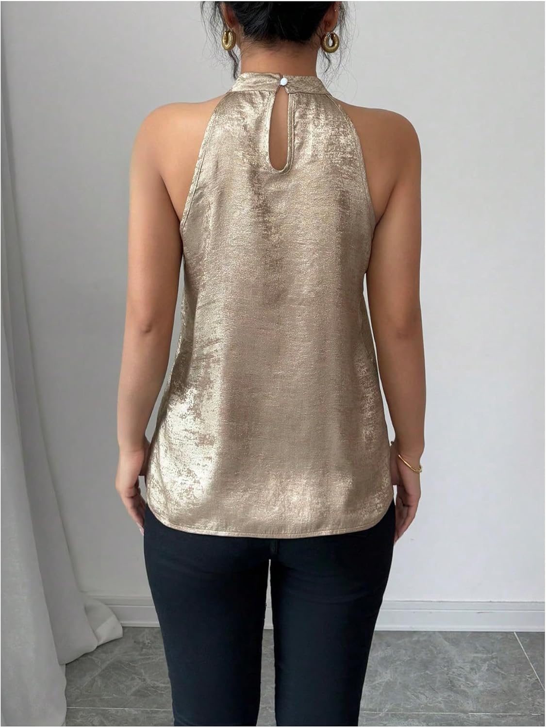 Floerns Women's Sparkly Sleeveless Halter Tops Keyhole Party Date Night Blouse Top - Image 3