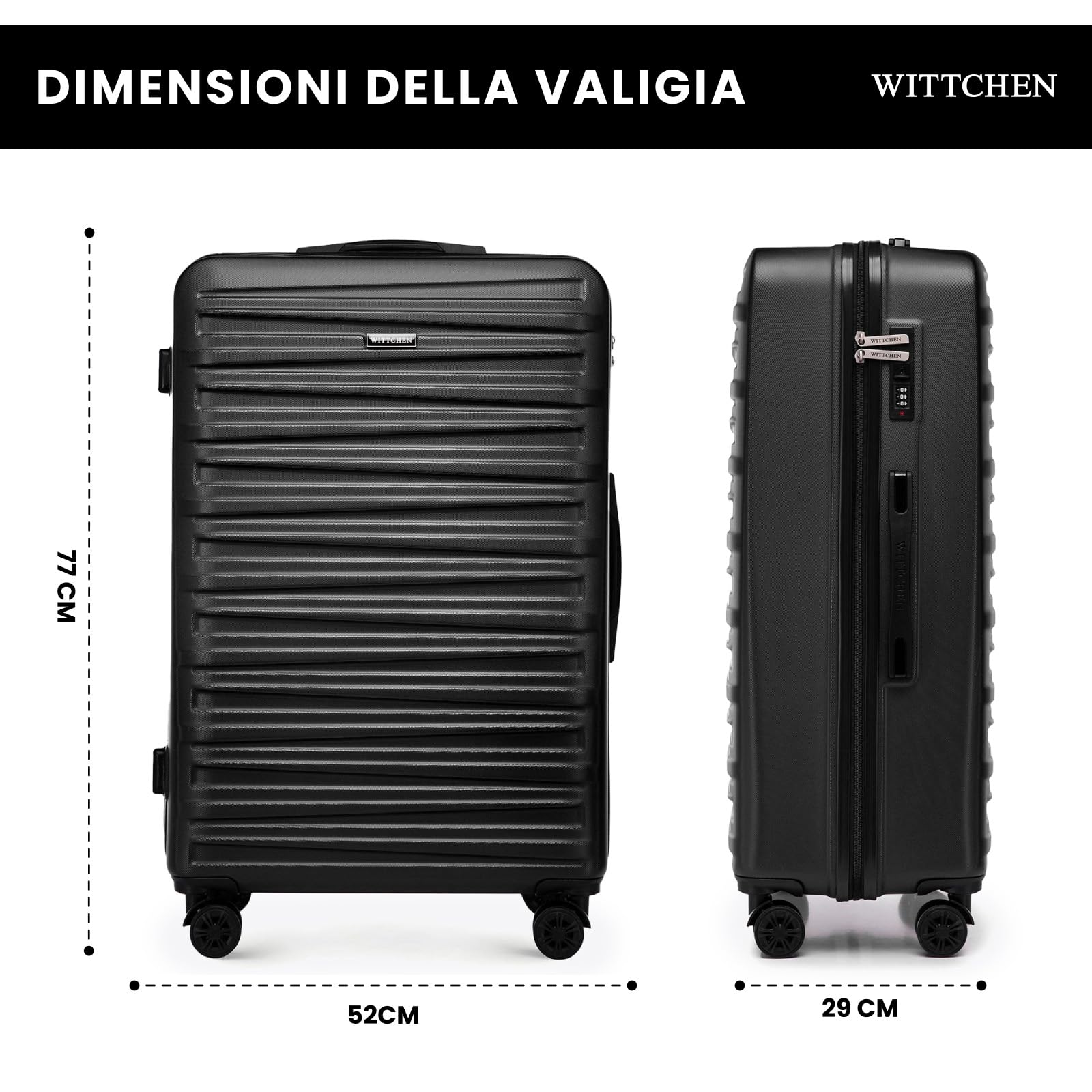 WITTCHEN Skyspeed Line Valigia grande Valigia rigida ABS Valigia grande Rolling Trolley Check-In Valigia da viaggio Serratura a combinazione Manico telescopico 4 Ruote Nero Ryanair/ITA Airways