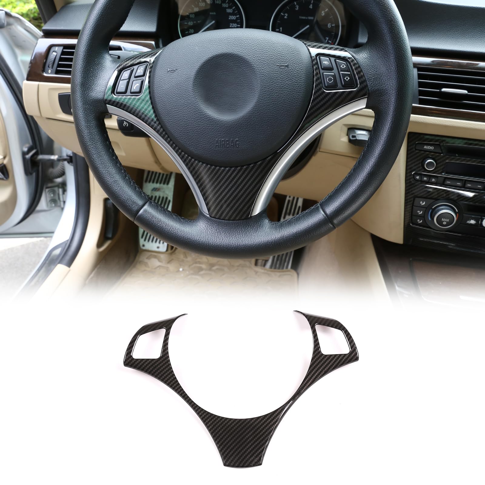 LLKUANG ABS Steering Wheel Sequins Frame Trim for BMW 3 Series E87 1 Series 3/5 Door Hatchback Coupe E92 E93 E90 2005-2012 (Carbon fiebr)