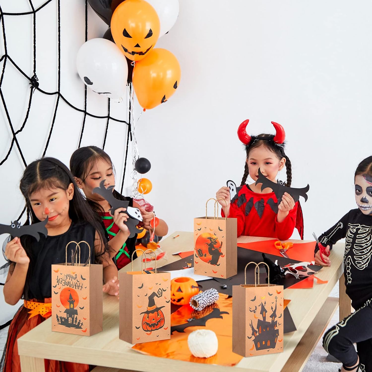 Yexiya 48 Pcs Halloween Treat Bags Bulk Paper Party Favors Goody Candy Snacks Cookie Wrap Gift Bags with Handles Pumpkin Witch Hat Castle Moon Bat Designs Happy Party Supplies