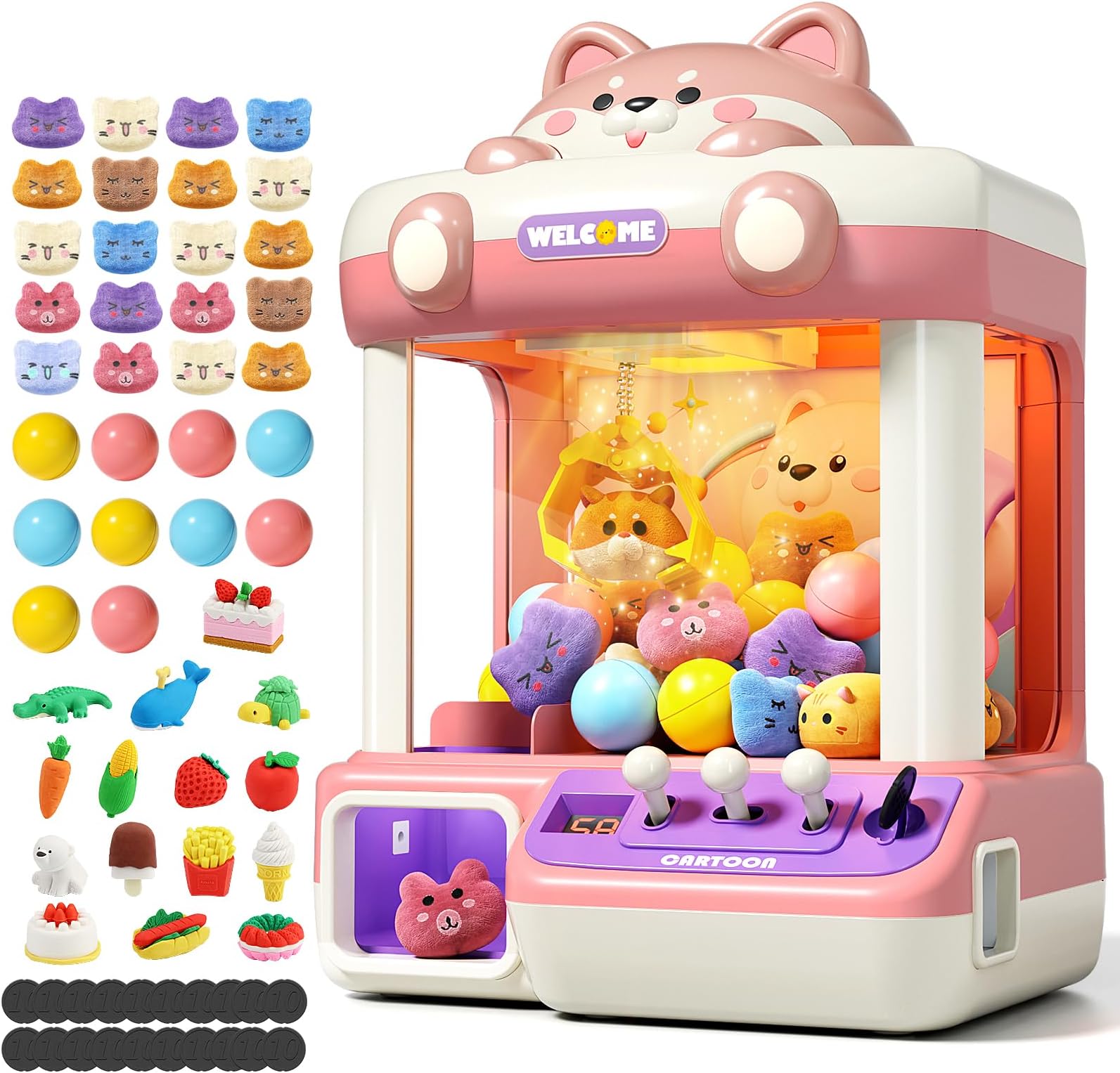 Jovow Claw Machine for Kids, Mini Vending With Music, Prize Dispenser Toys for Girls and Boys, Electronic Claw Game for Party Birthdays, Includes 45 Mini Toys (Large)