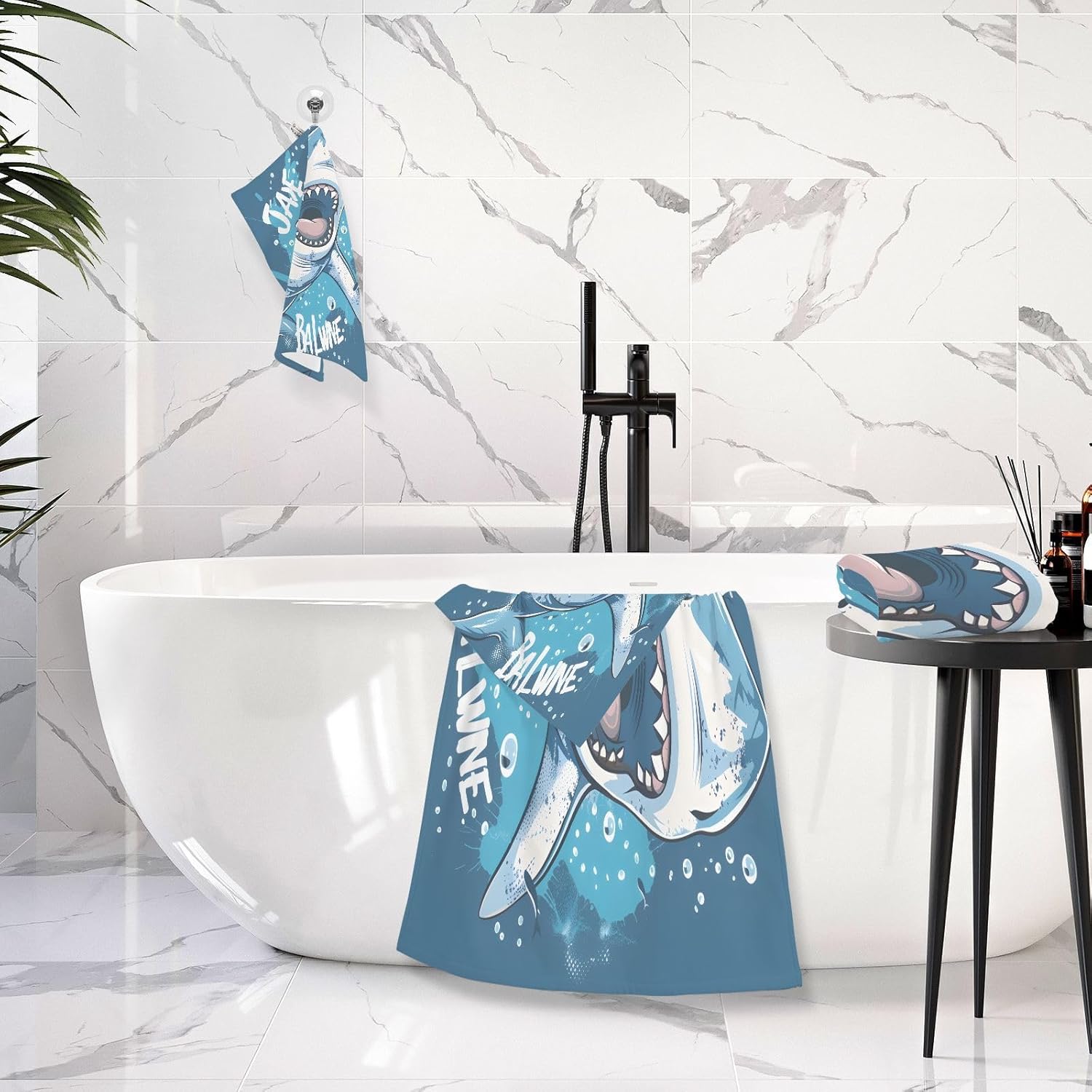 Hand Towels Premium Soft and Highly Absorbent Hand-Drawn Cartoon Shark 2 Pcs Towels for Bathroom Set 100% Cotton Decorative Face Towels