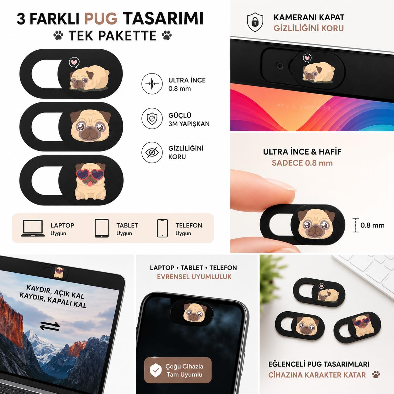 McStorey Kamera Kapatıcı 3'lü Set, Pug Köpek Desenli Ultra İnce 0.8 mm Sürgülü Webcam Cover, Güçlü 3M Yapışkanlı Laptop Tablet Telefon MacBook iPad Uyumlu Kamera Gizlilik Kapağı