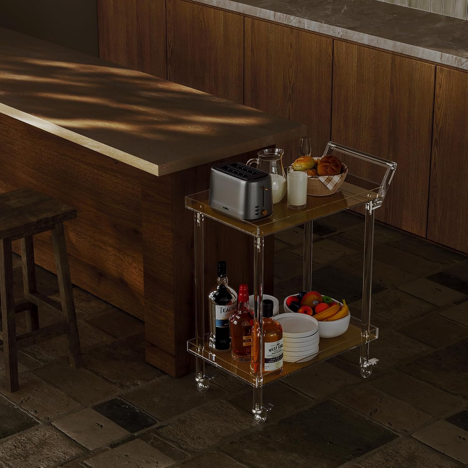 HMYHUM Acrylic Bar Cart, Rattan Home Bar Trolley with Wheels, 2-Tier Rolling Serving Cart for Kitchen, Dining Room, Outdoor, 23.6" L x 15" W x 32.5" H, Modern, Easy Assembly