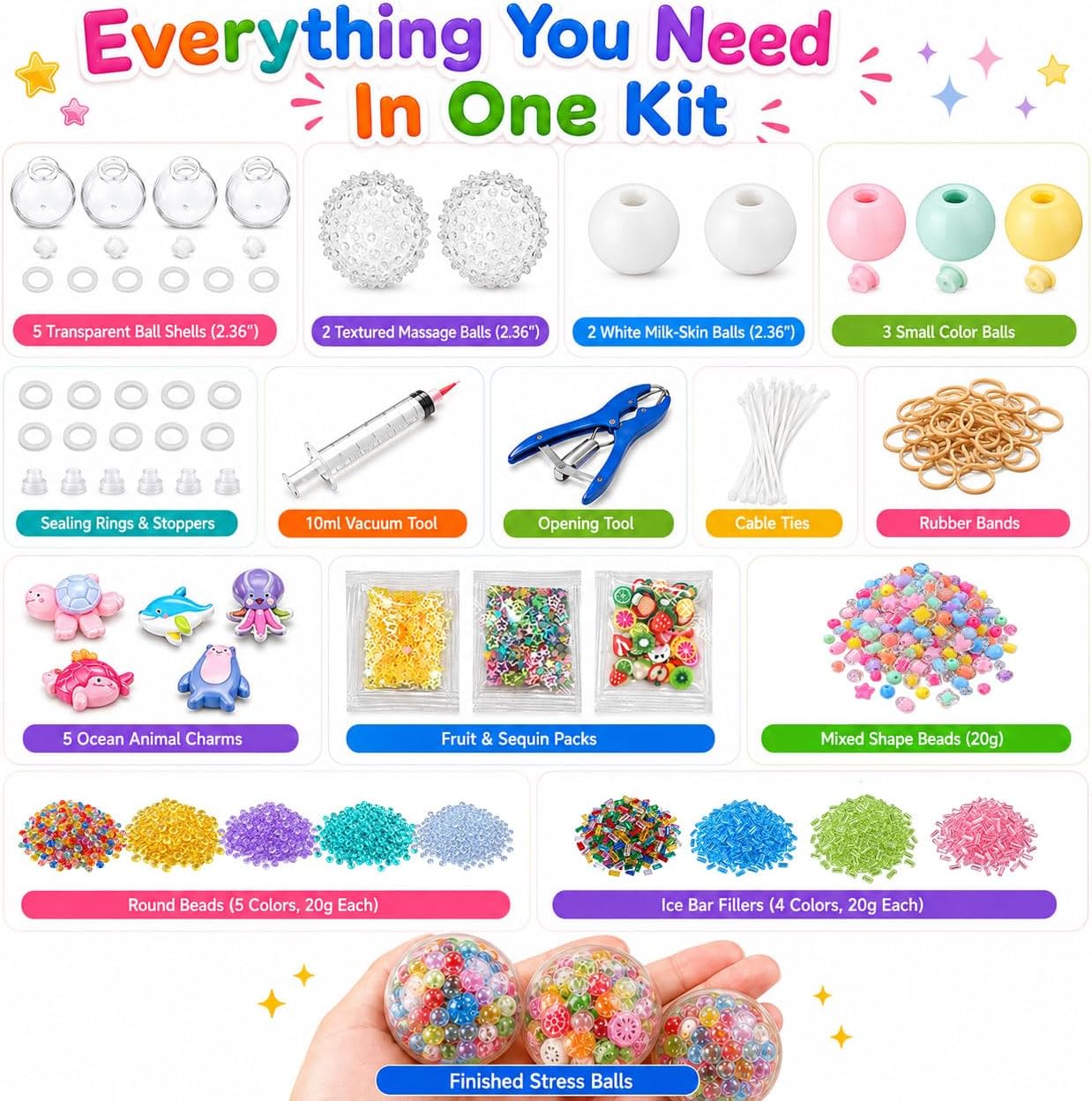 Ultimate DIY Stress Ball Kit - Unique Squishy Skins (Transparent + Massage Strawberry Textures + Colored),Animals Fruits Vacuum Tool & Tools - Create Crunchy ASMR Fidget Toys for Anxiety Relief image 3
