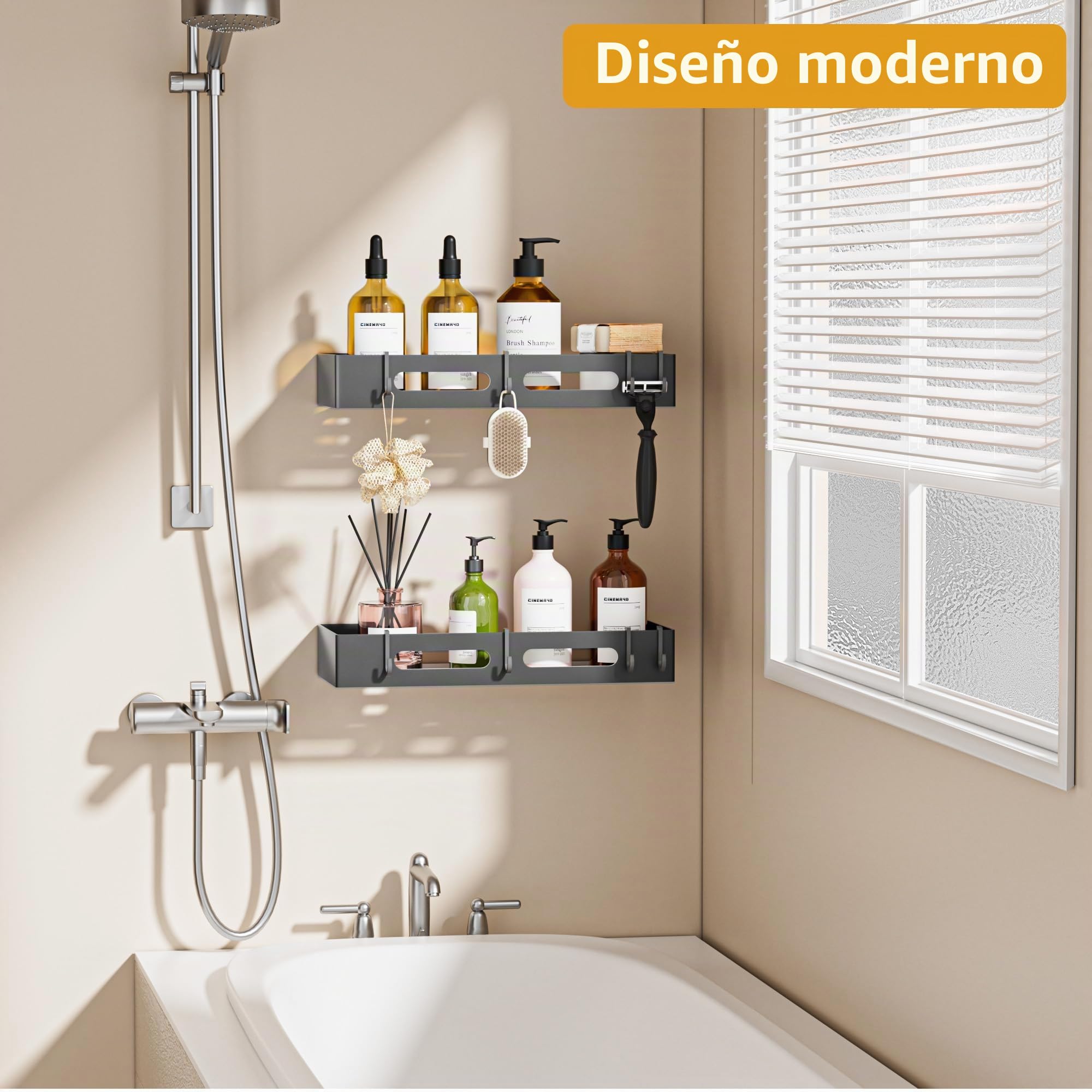 Wisfame Estanteria Ducha Sin Taladrar，2 Piezas Estanteria Baño, Organizador Baño Adhesivas con 8 Ganchos, Soporte Ducha Pared (Gris