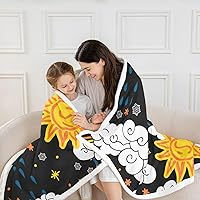 Vista 2 de Clouds and Sun Throw Flannel Blanket,Rain Stars Fleece Throw Blanket for Home Decor Sofa Couch,Cartoon Style Fleece Blankets,40"x50" Negro