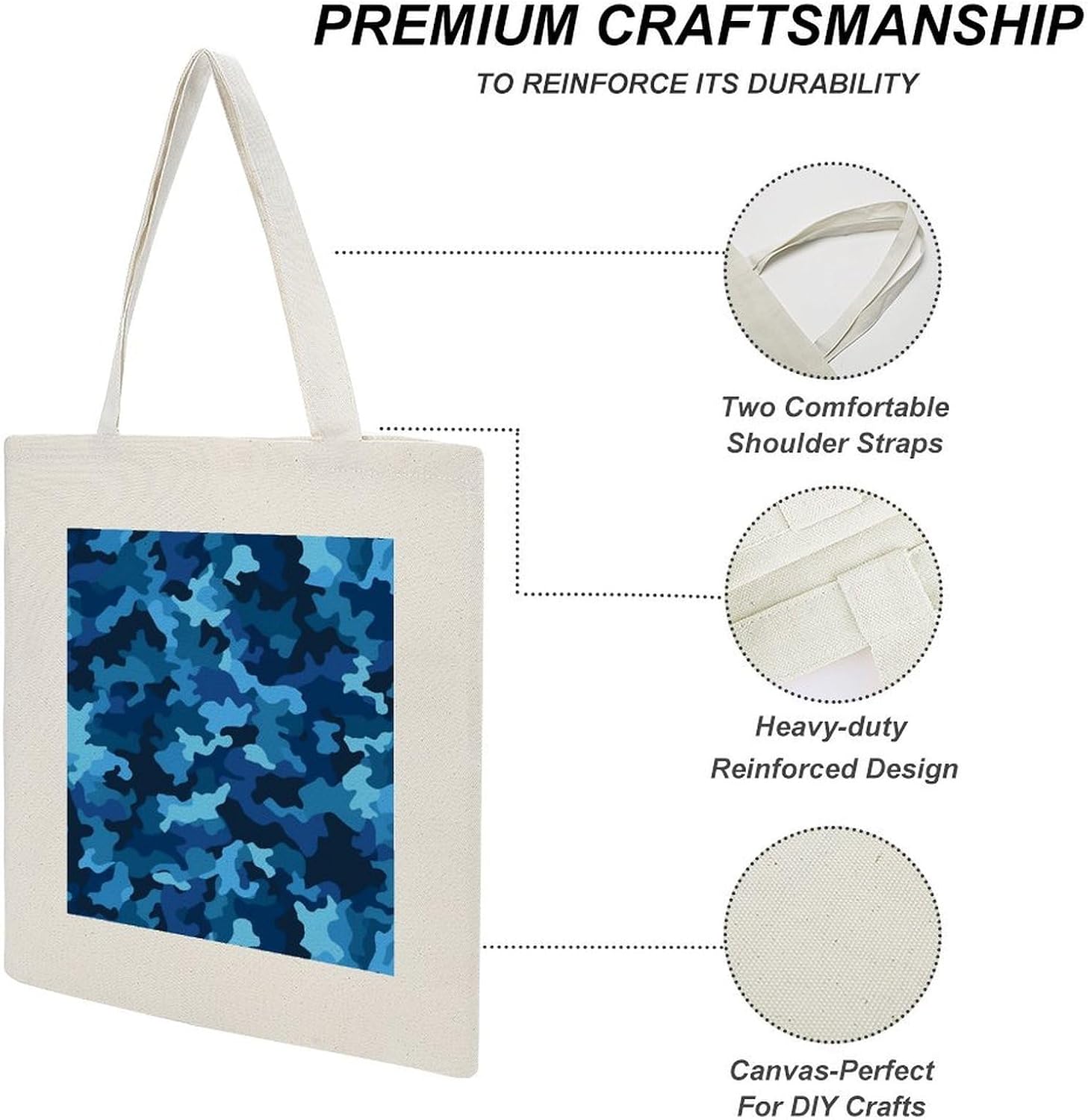 Blue Camo Cotton Polyester Blend Canvas Carryall Bag | Blue Camo Reusable Fabric Handbag for Grocery Travel Daily Errands Multipurpose Storage Carry Tote