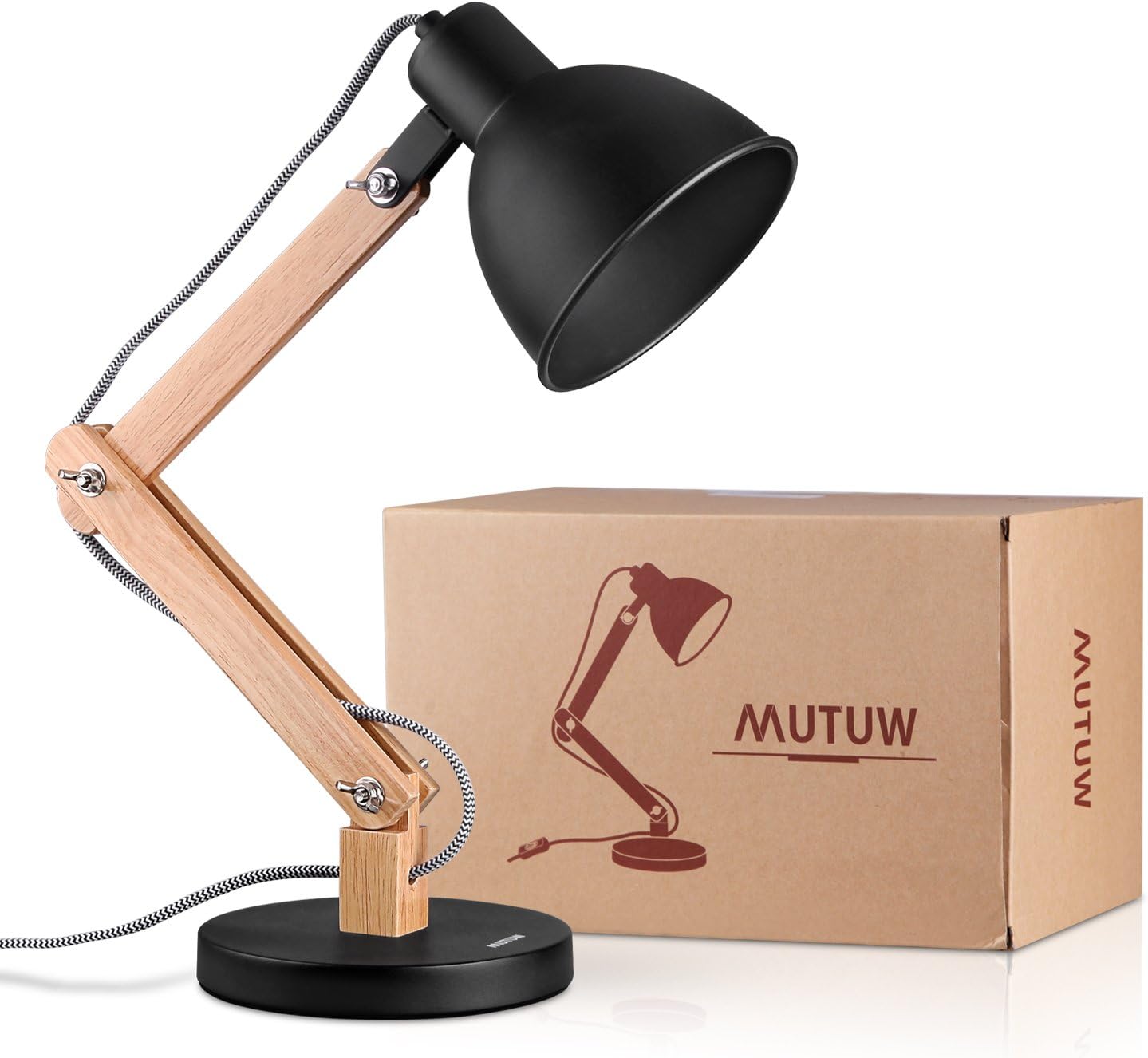 Wooden Swing Arm Desk Lamp, e26 e27 LED Bulb Lamp, 40W, Metal Wooden, Perfect for Reading Study Work Office, Black