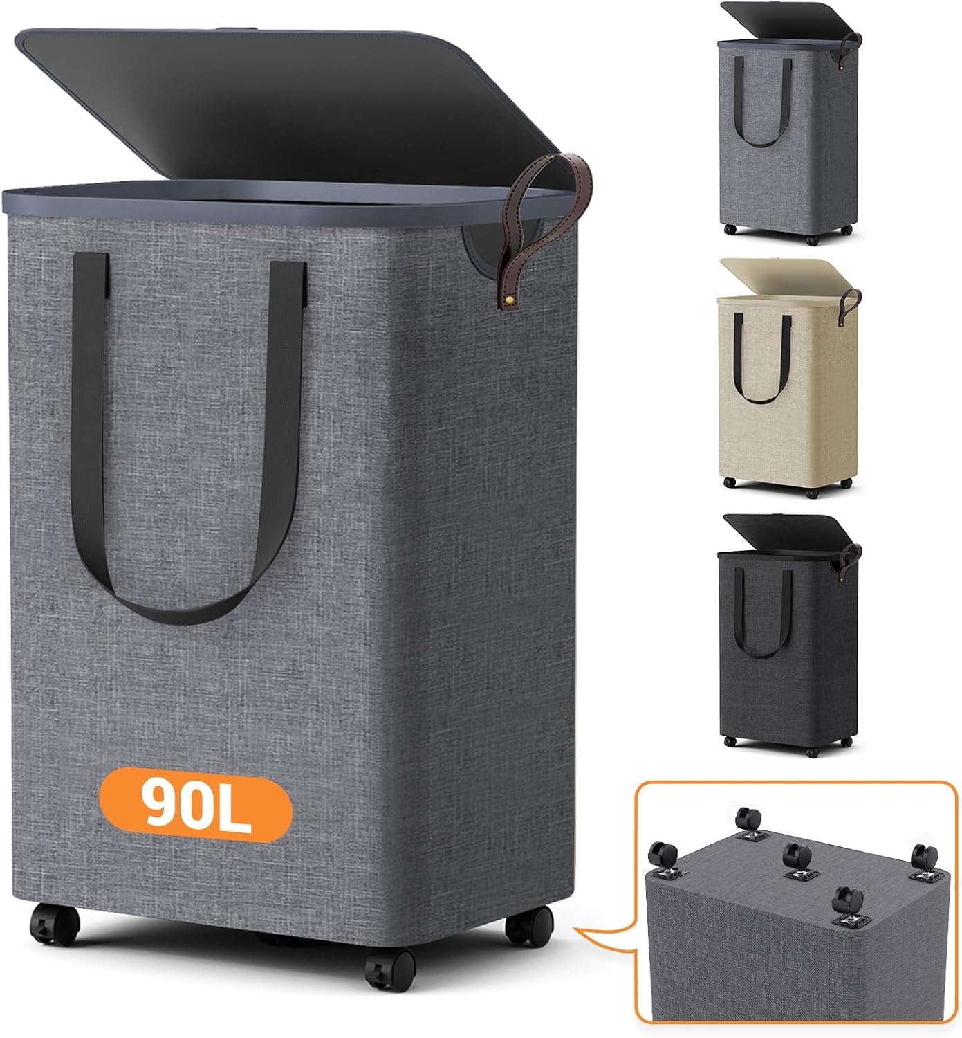 Laundry Basket with 5 Wheels, Tall Dirty Laundry Hamper, Rolling Laundry Basket with Lid, Large 90L Collapsible Clothes Hamper for Laundry Room Bedroom Bathroom Dorm, Light Gray