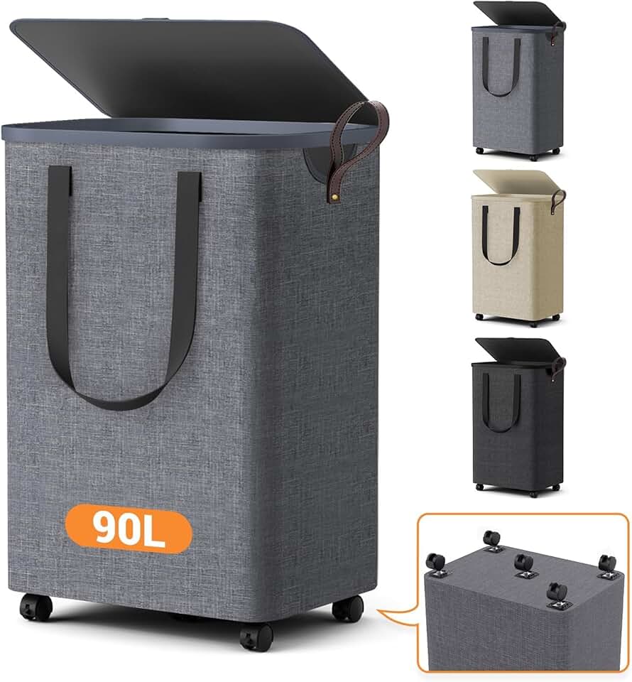 Laundry Basket with 5 Wheels, Tall Dirty Laundry Hamper, Rolling Laundry Basket with Lid, Large 90L Collapsible Clothes Hamper for Laundry Room Bedroom Bathroom Dorm, Light Gray