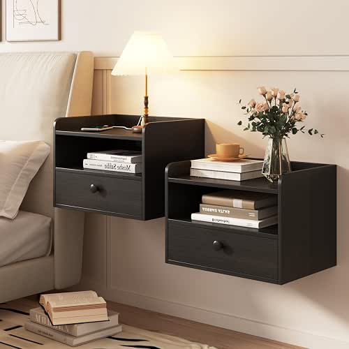 Floating Nightstand Set of 2 Modern Night Stands with Drawer