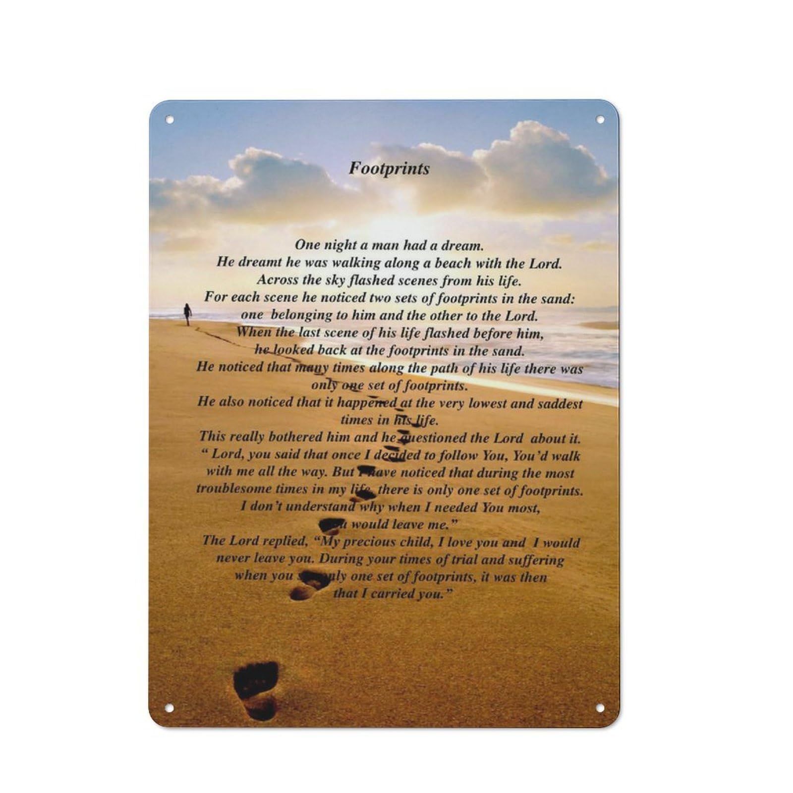 Rustic Metal Tin Sign Footprints In The Sand Wall Art, Religious Poem Prints For Christian Home Decor, Motivational Religious Artwork, Inspirational Quotes Wall Art Decor For Living Room 12x16 Inch
