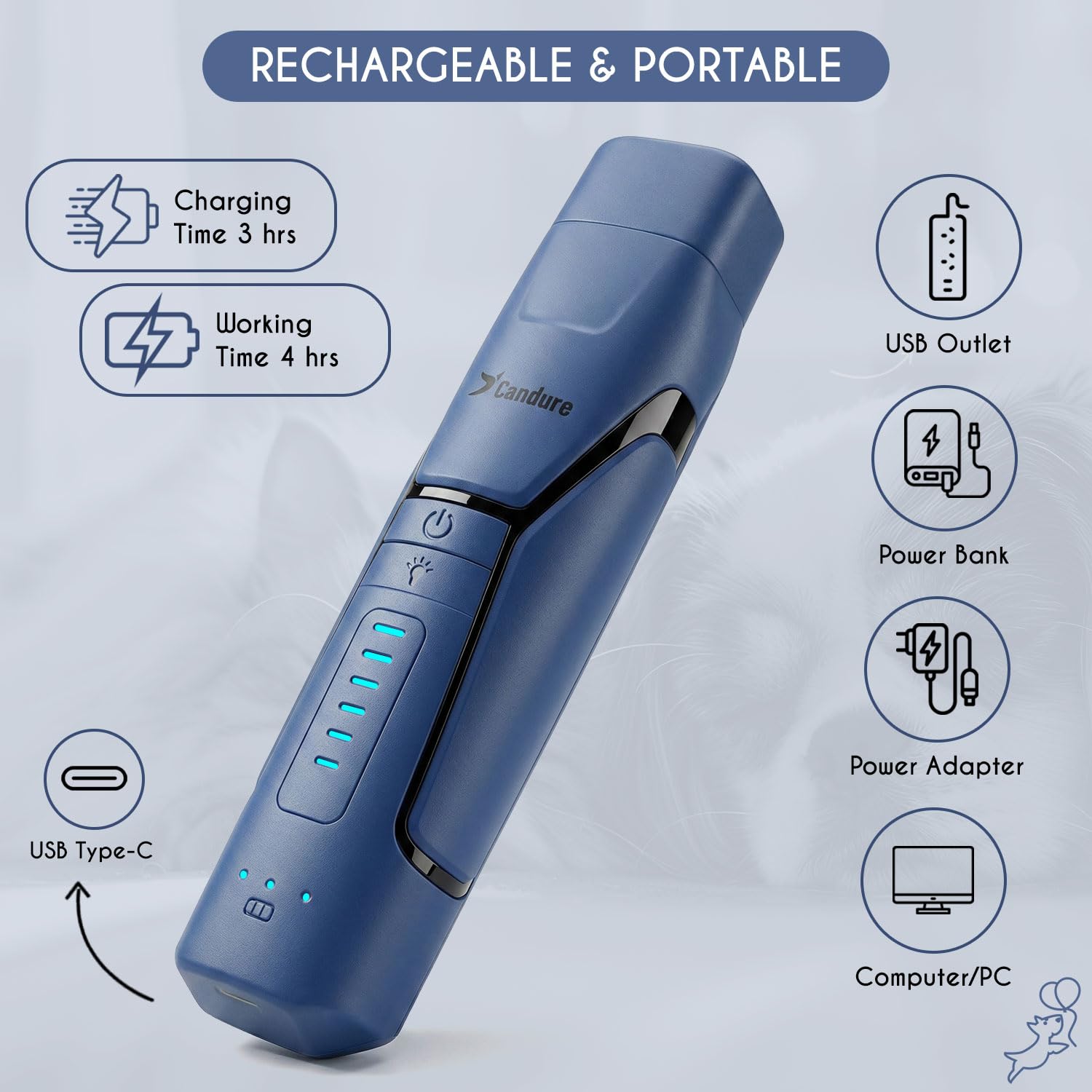 Candure Dog Nail Grinder Upto 6-Speed Dog Nail Trimmer for Large, Medium, Small Dogs, Cats & Pets - Low Noise Rechargeable Dog Claw Grinder with 360° LED Lights & Extra Grinder Head (Dark Blue) - image 3