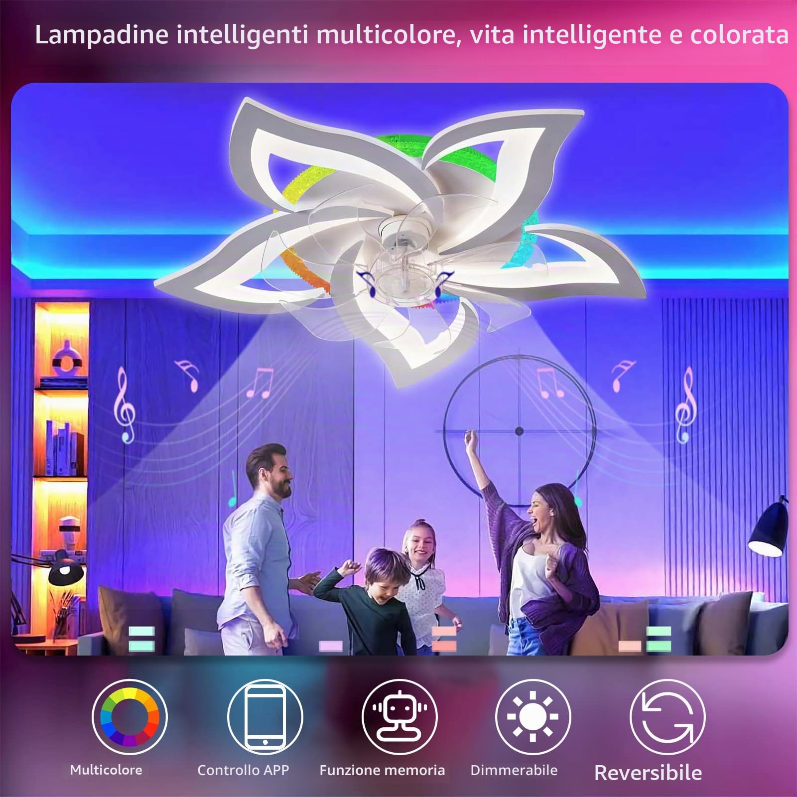 RGB Lampadario Ventilatore Dimmerabile 6 Velocità DC Smart Ventilatore Da Soffitto Con Luce E Telecomando Silenzioso Reversibile Plafoniera Con Ventilatore Bianco 7 Pale Per Soggiorno
