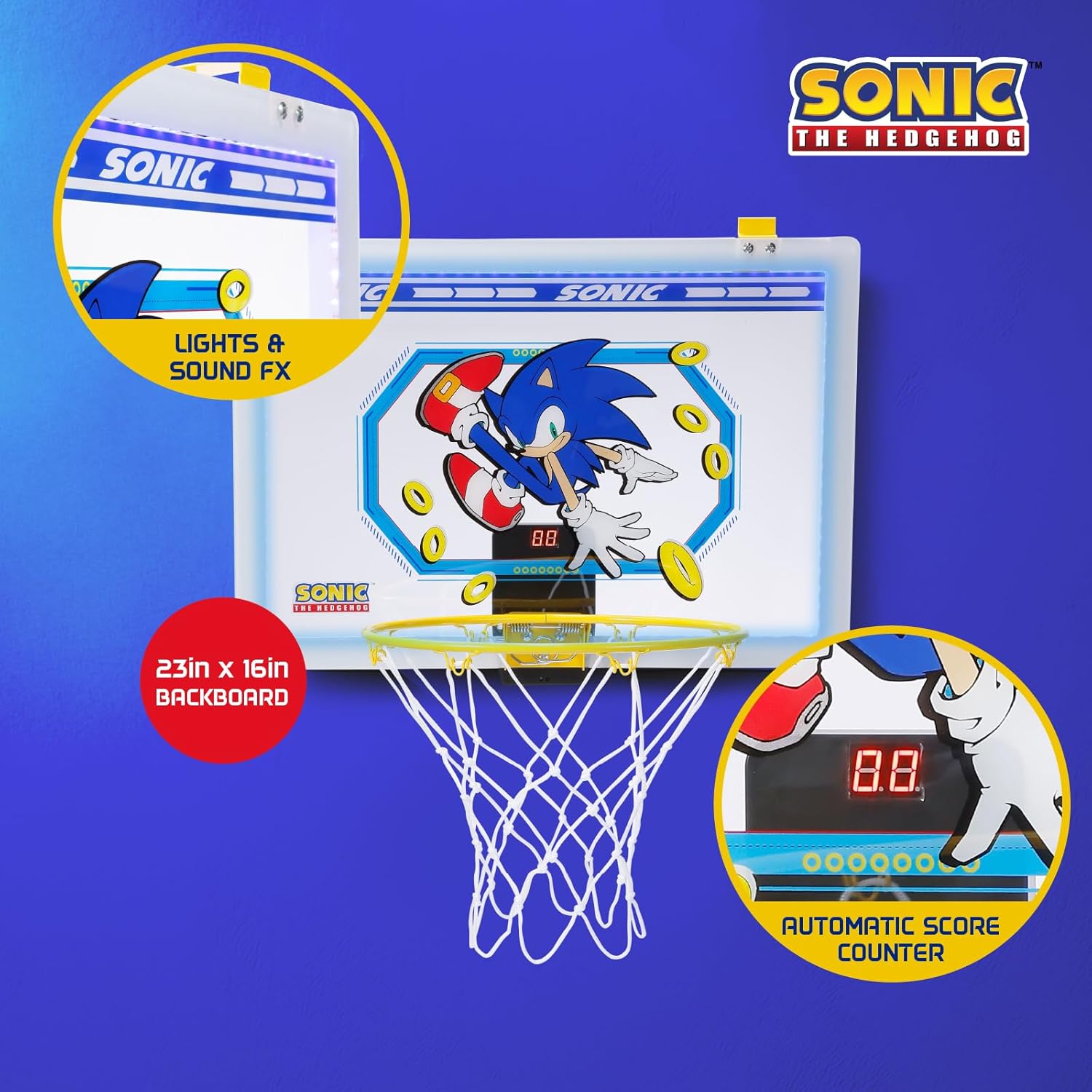 Sonic The Hedgehog – Over The Door Basketball Hoop Set with Ball and Pump – Durable, Portable, and Perfect for Kids, Teens, and Family Fun, for Indoor and Outdoor Play