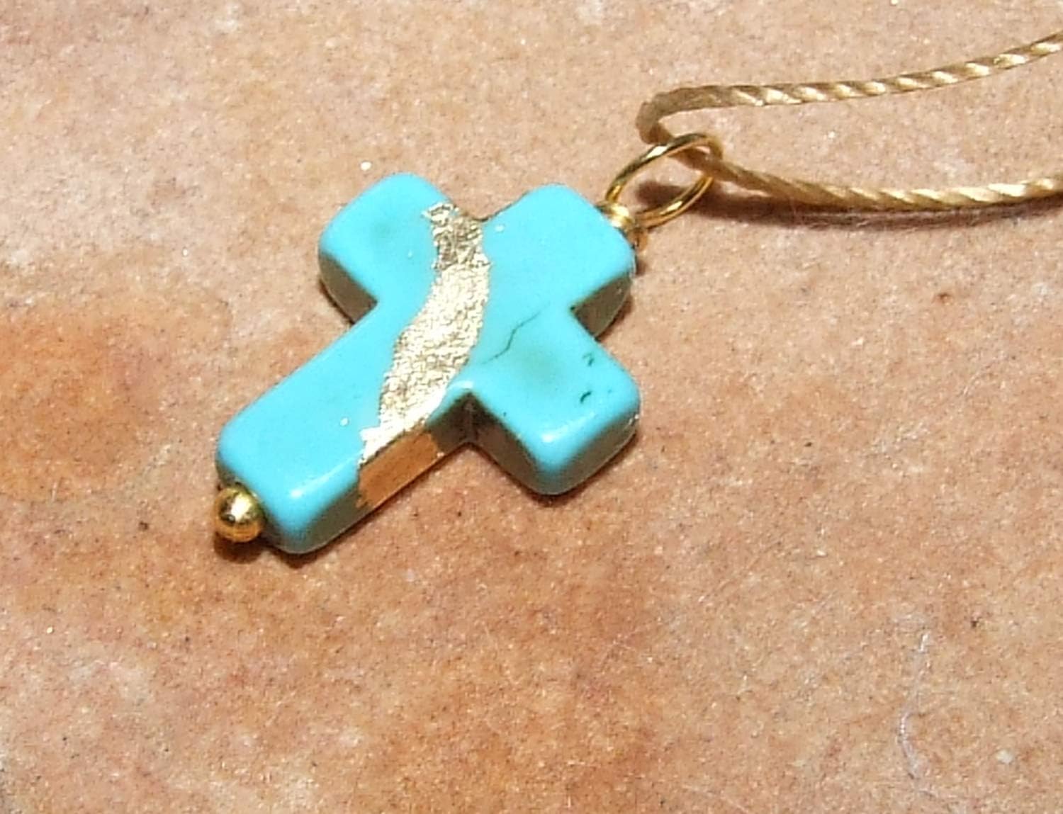 Kintsugi Petite Cross Turquoise Howlite, Broken, Mended with 23k Gold, Cord Necklace
