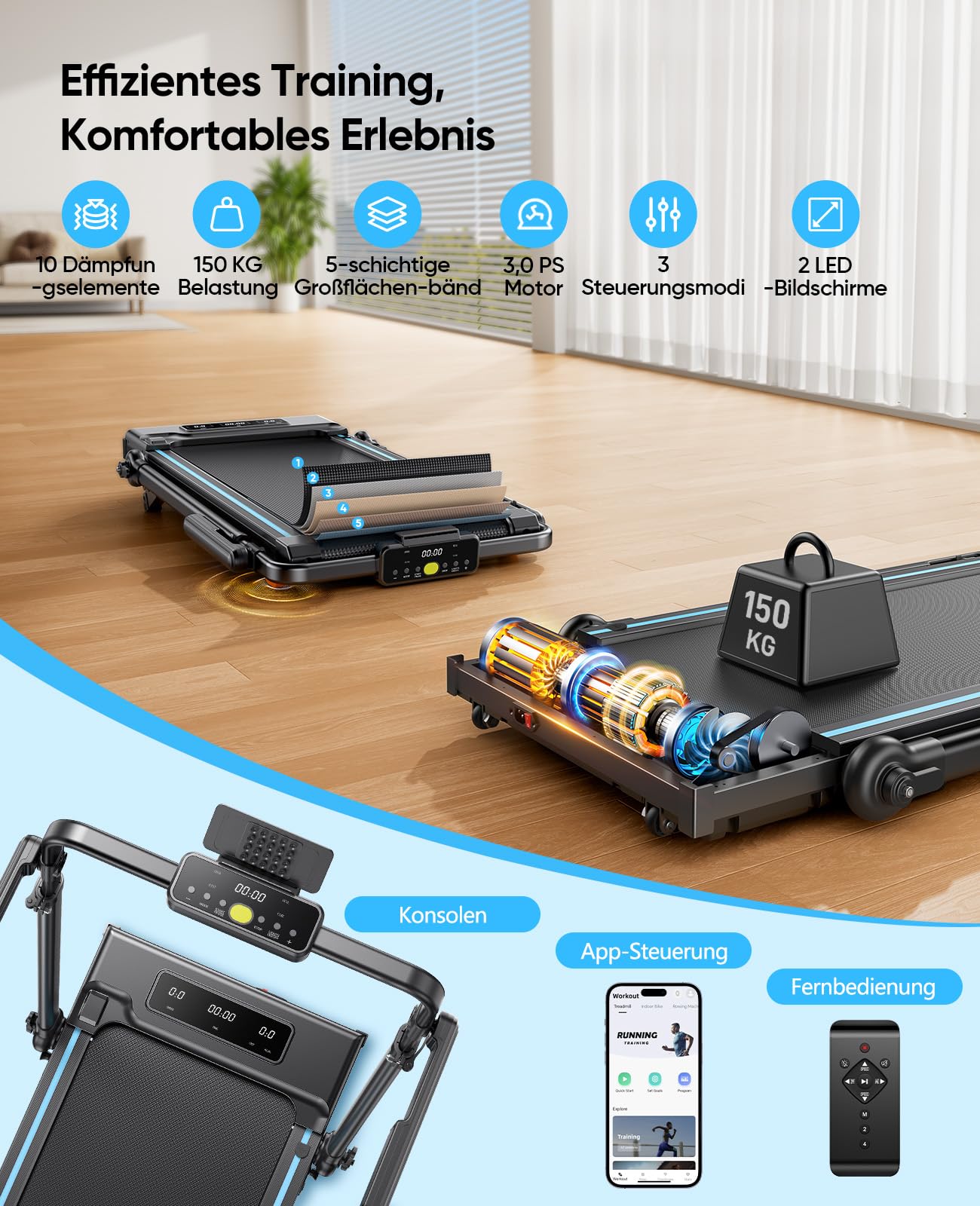 6-IN-1 Laufband für Zuhause Klappbar mit Abnehmbarem Tisch,3.0HP Laufbander mit Steigung bis 12%,12KM/H Walking Pad Klappbar mit 15cm Teleskop-Riser&RGB-Lichter,Laufband für Zuhause 150KG