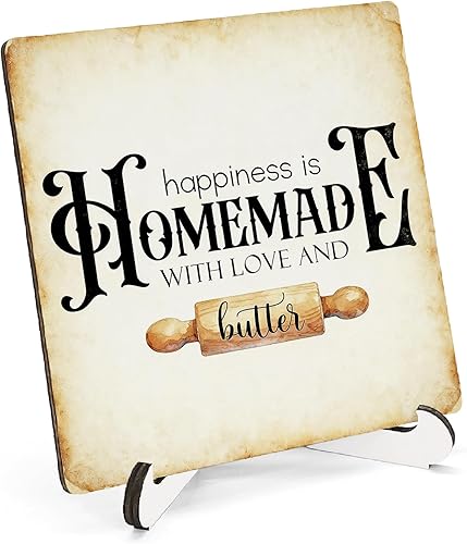 Decoración de madera vintage de cocina de granja, 5 x 5 pulgadas, la felicidad es casera con amor y mantequilla