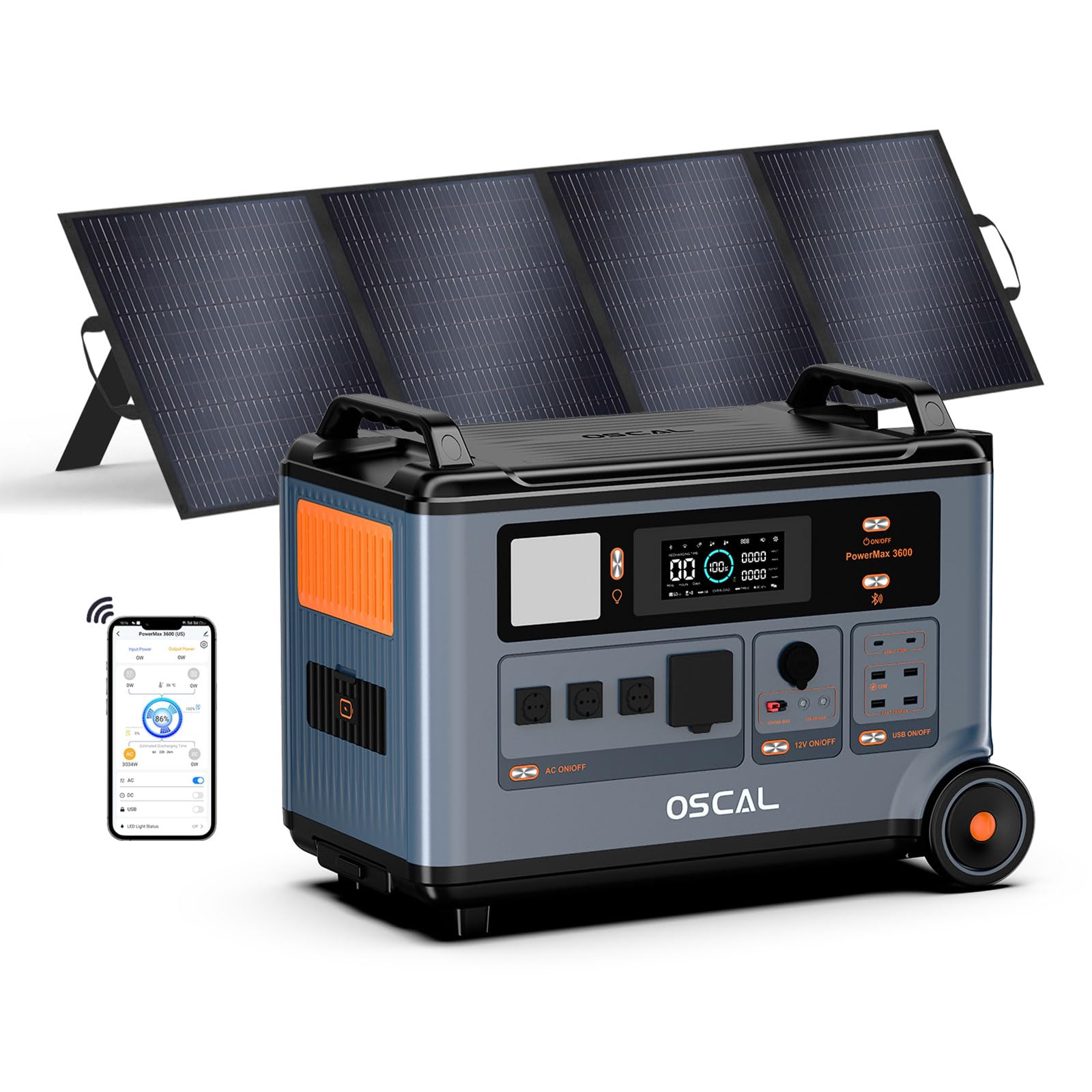 OSCAL 3600W Centrale Elettrica Portatile con Pannello 200W, 3600Wh Generatore Solare con Batteria LFP, Ricarica 0-80% in 1h, 14 Porte, Portable Power Station per Casa, Camper, PowerMax 3600SE