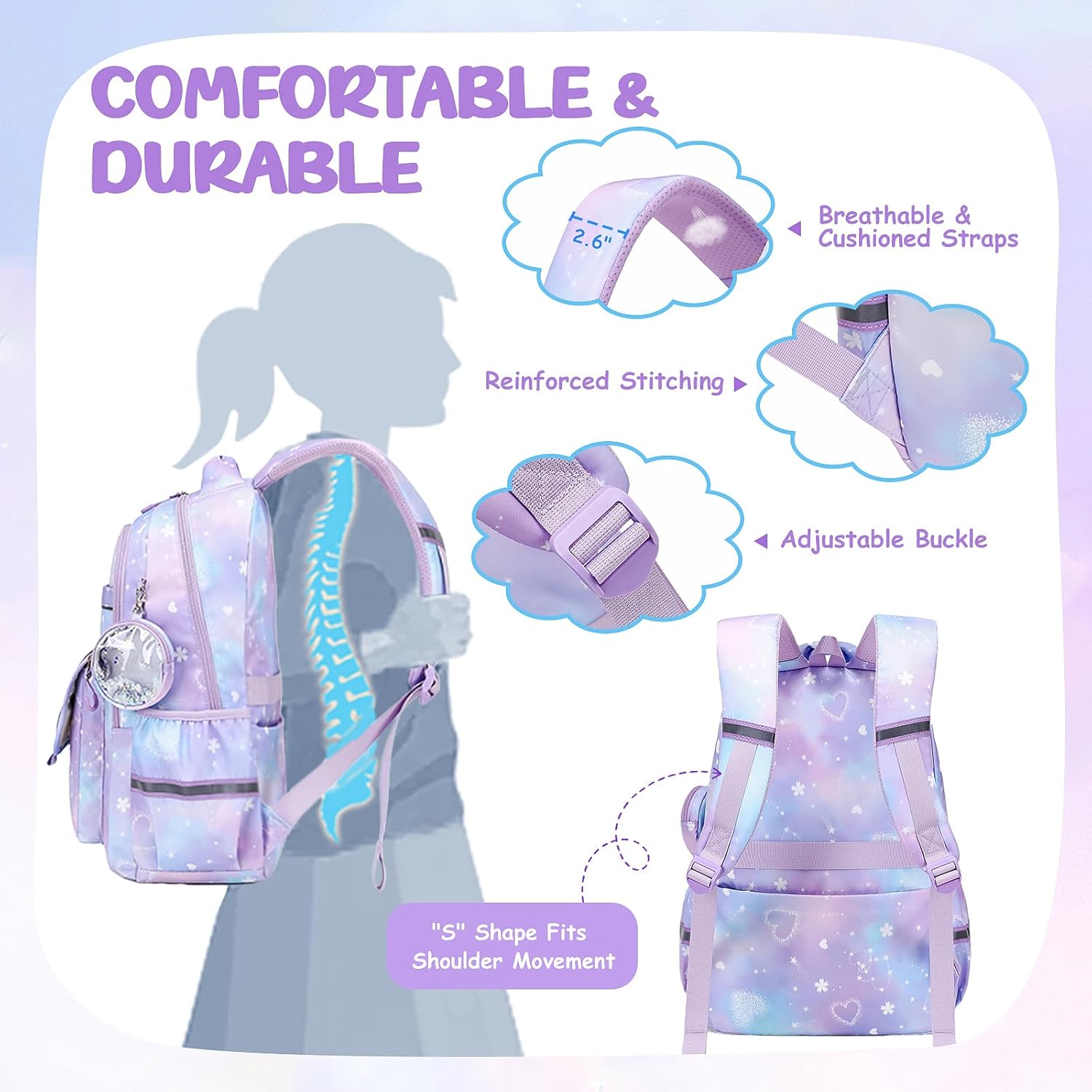 MUSEVOS Kids School Backpacks for Girls: Cute Kawaii Bow Book Bag with Large Lots of Pockets for Elementary Age 6-14 Purple