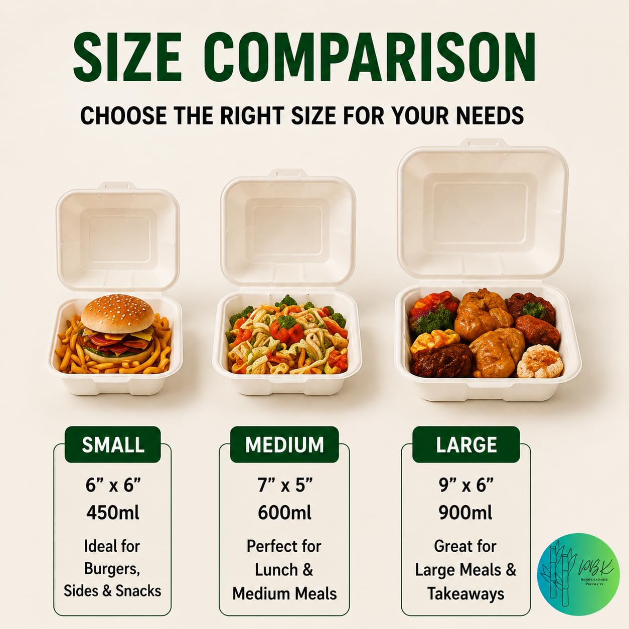 PBK - Paquete de 50 cajas de hamburguesas de bagazo (6 x 6 pulgadas), 450 ml, biodegradables, compostables y desechables para llevar (6 x 6 pulgadas, paquete de 50 unidades)
