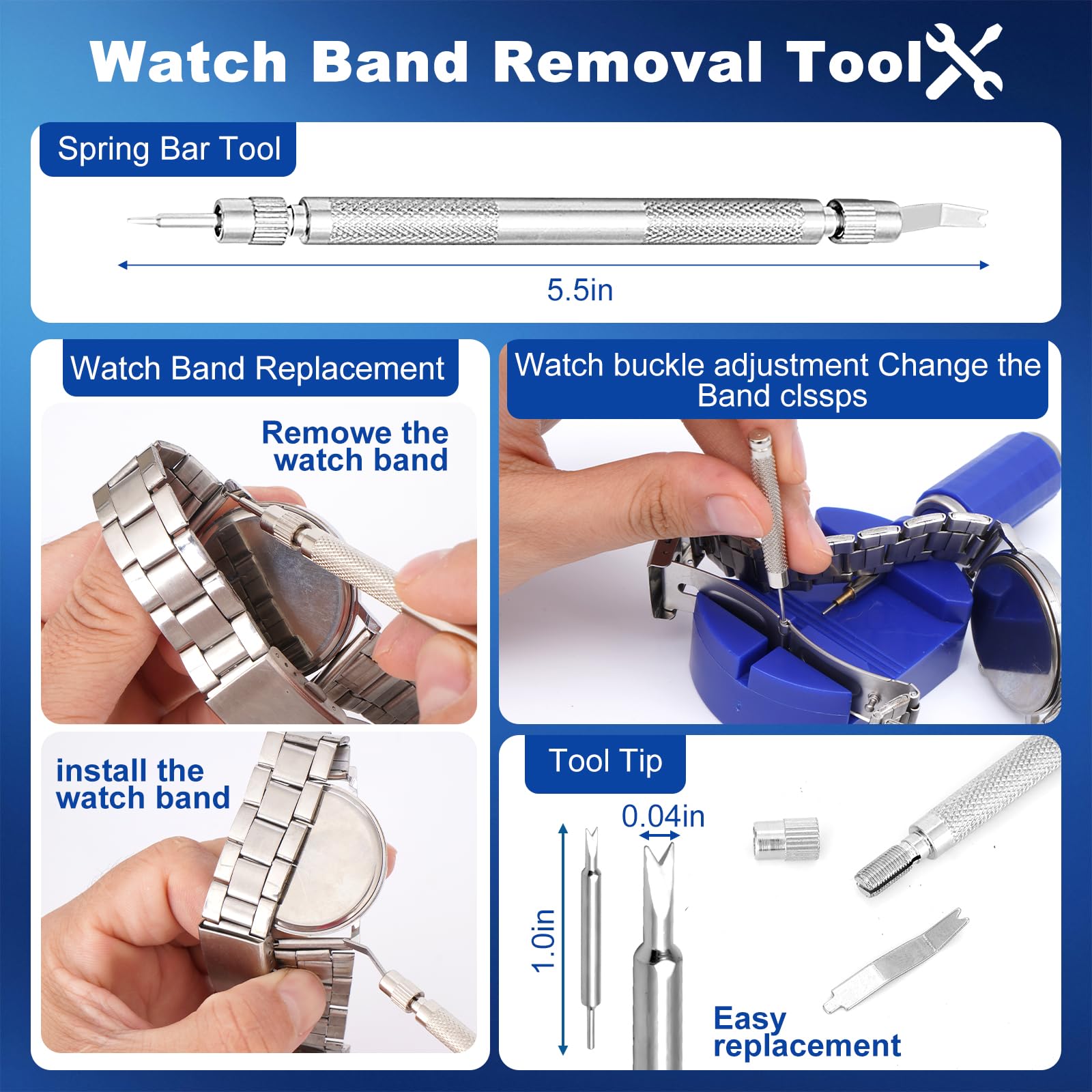 Kit Reparacion Reloj para Ajustar y Acortar Correas, Quitar Eslabones, Pasadores Resorte, Punzón Acero