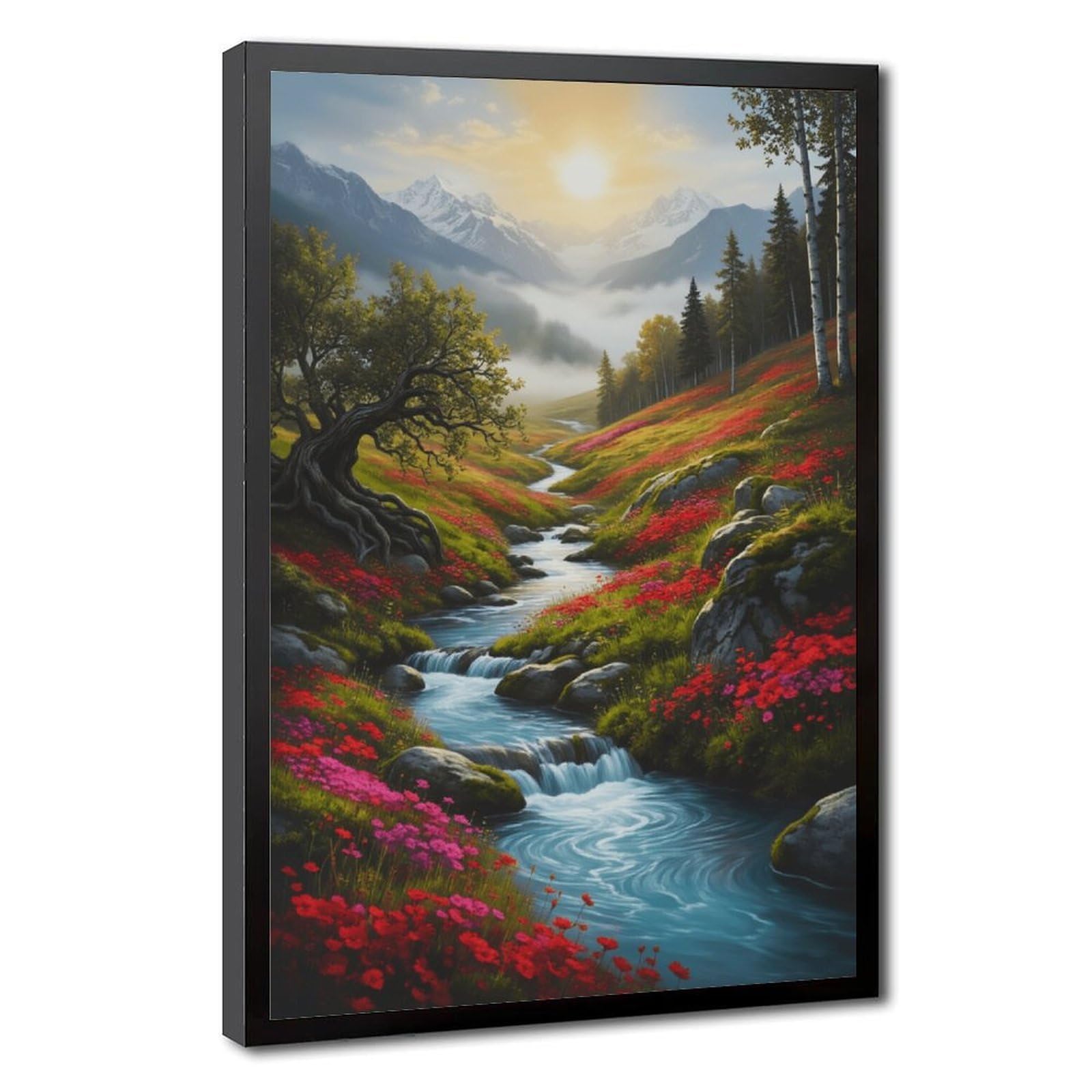 Mnyuein Póster de paisaje de bosque, montañas y flores silvestres, 1 póster en lienzo, decoración de pared, pinturas para sala de estar, dormitorio, marco negro, 12 pulgadas de largo x 18 pulgadas de