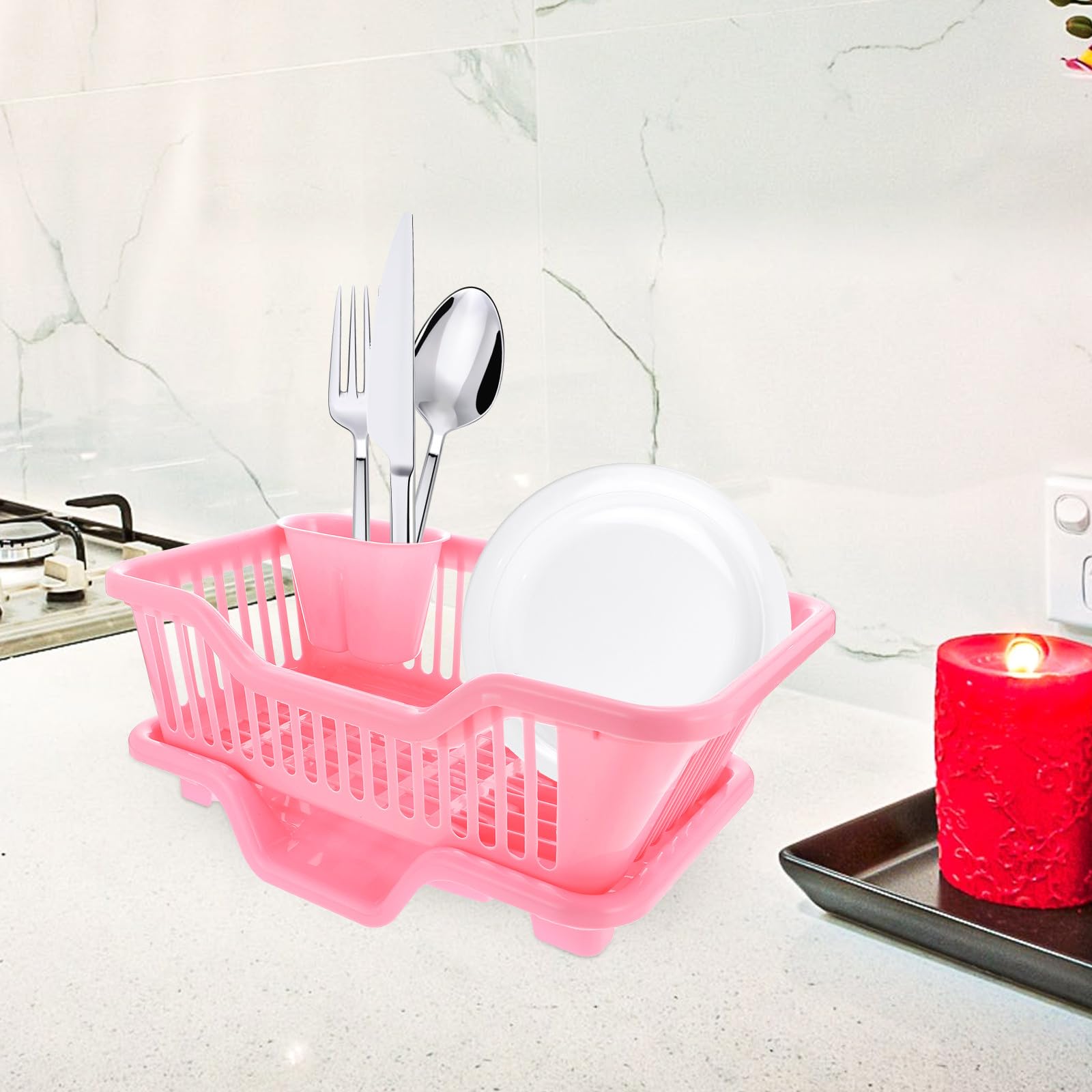 HOMSFOU Geschirrabtropfgestell Rosa Abs Großer Kapazität | Abtropfdesign gegen Stehendes Wasser, für Teller und Stäbchen, Geeignet für Küche und Restaurant